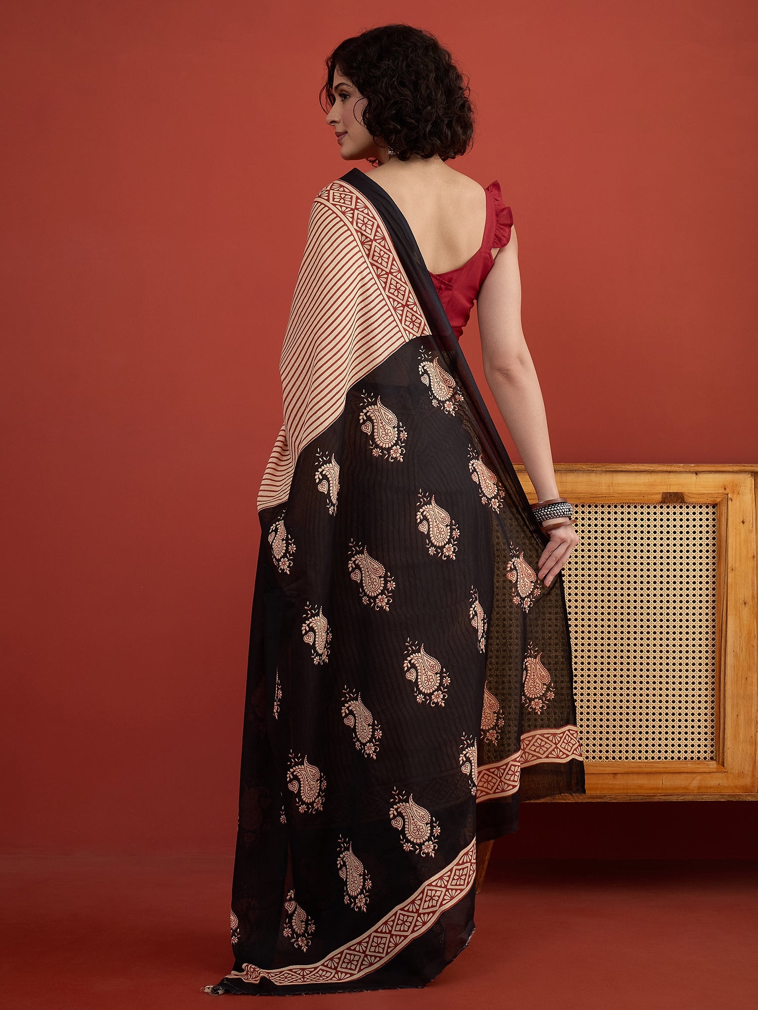 Red Striper Block Border Saree