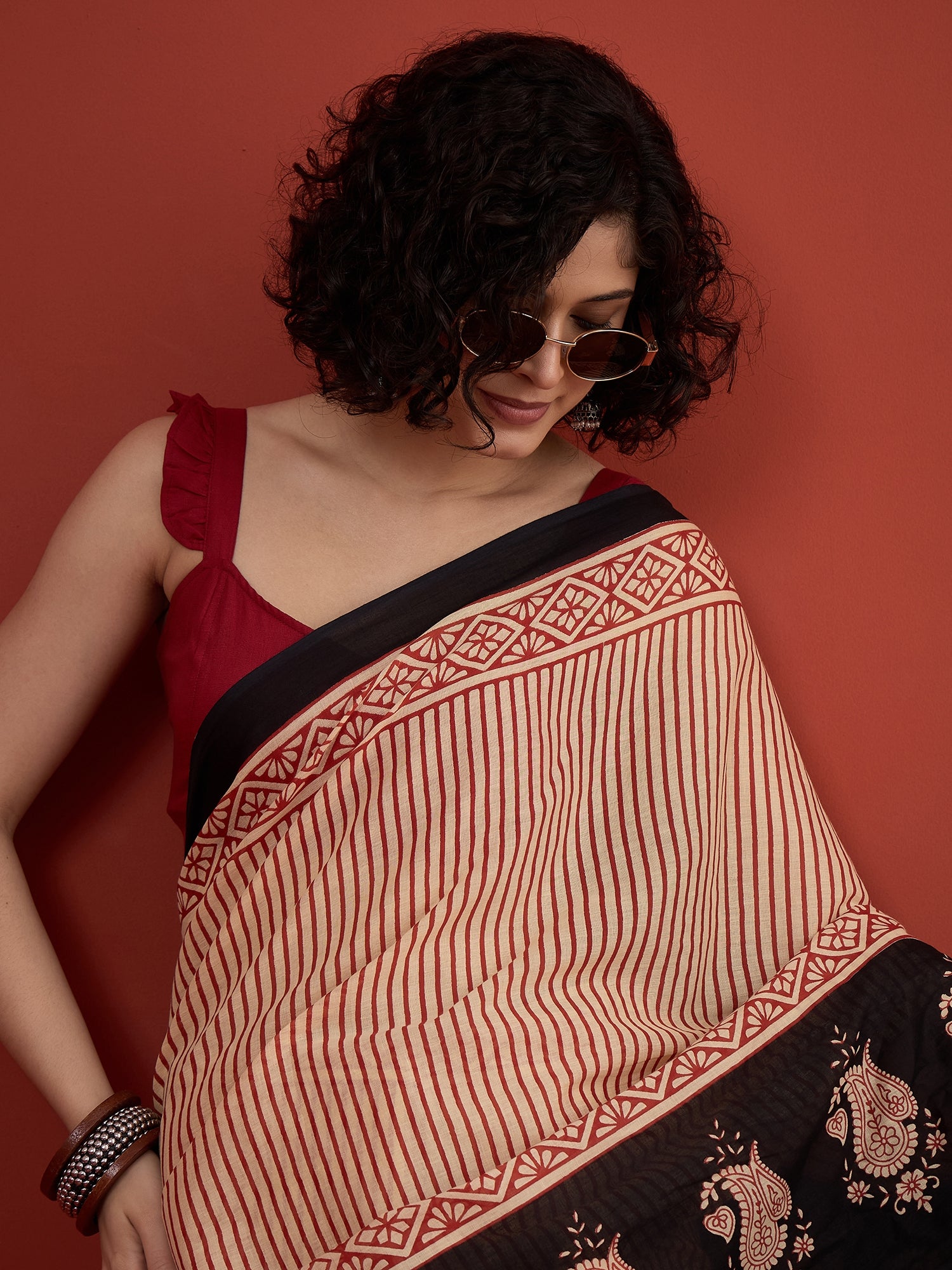 Red Striper Block Border Saree