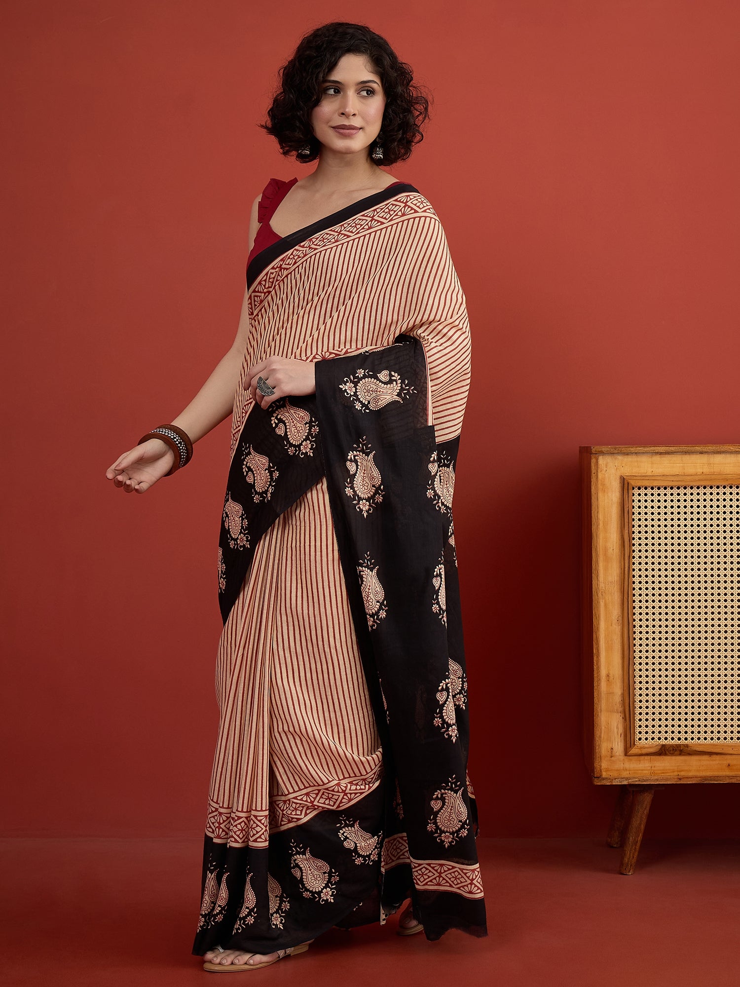 Red Striper Block Border Saree