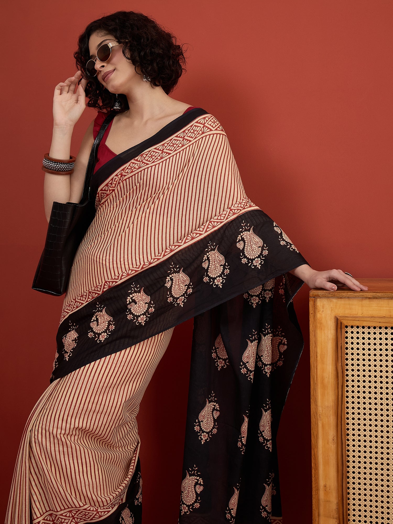 Red Striper Block Border Saree