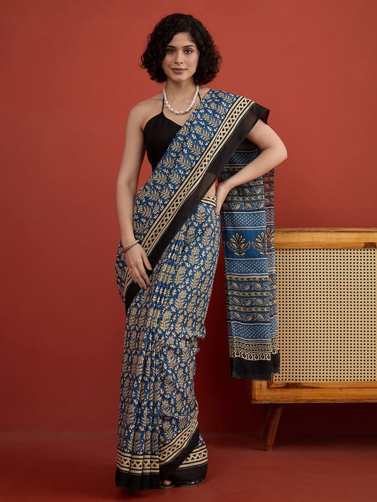 Indigo Floral Dabu Print Saree