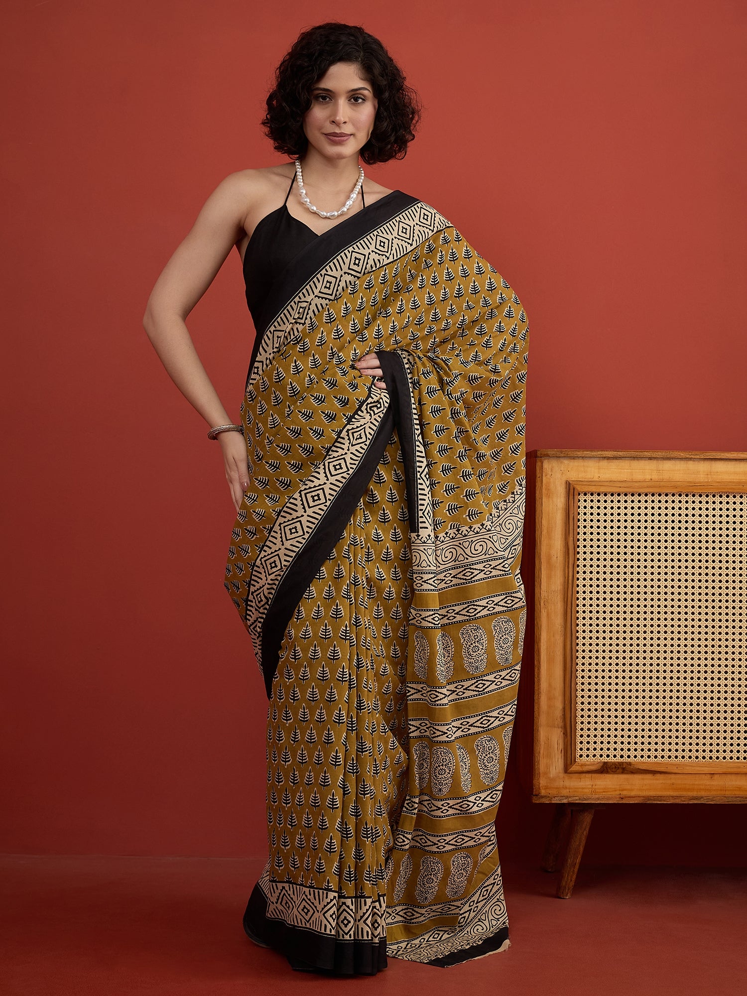 Dull Mustard Block Print Saree