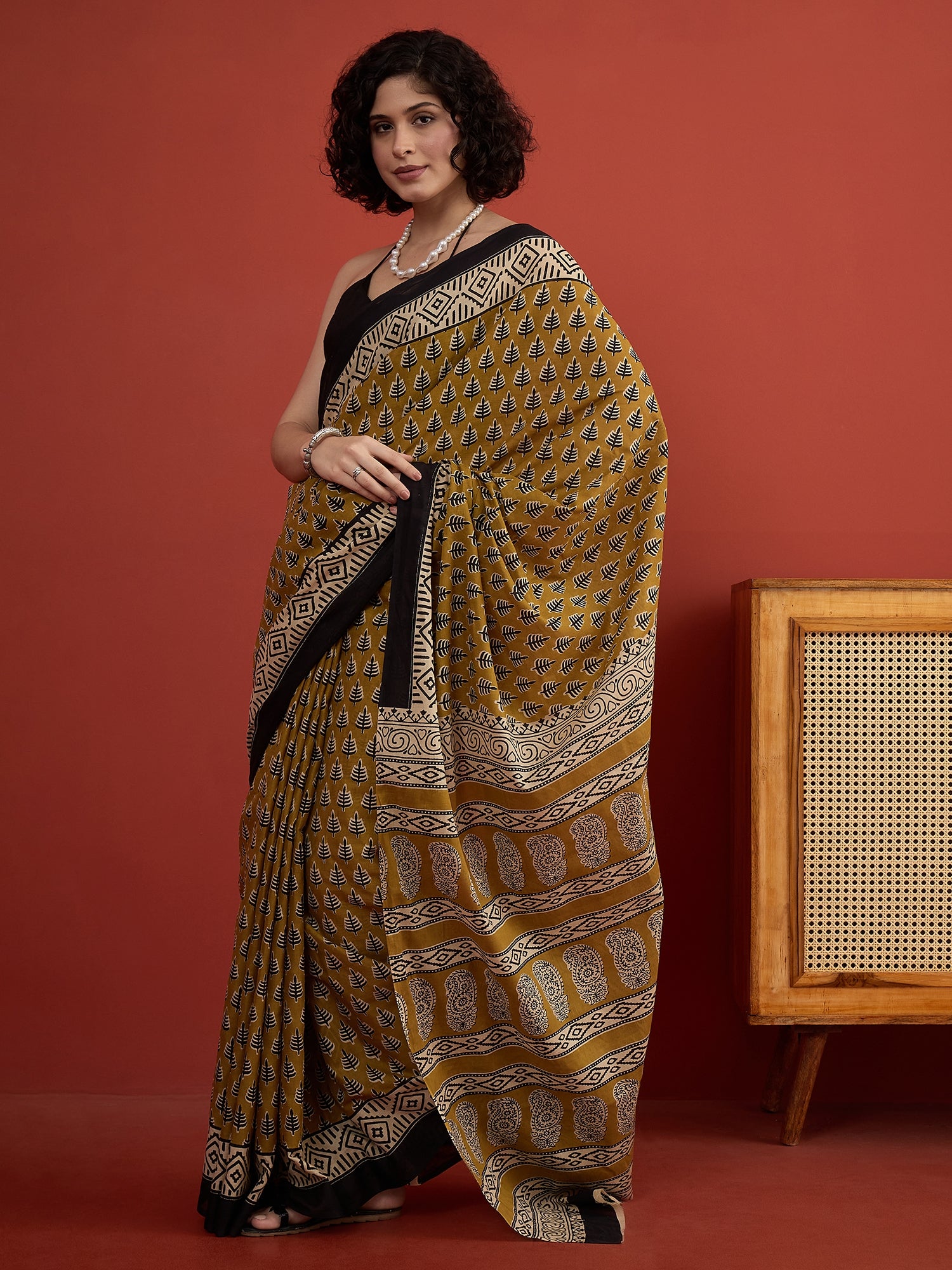 Dull Mustard Block Print Saree
