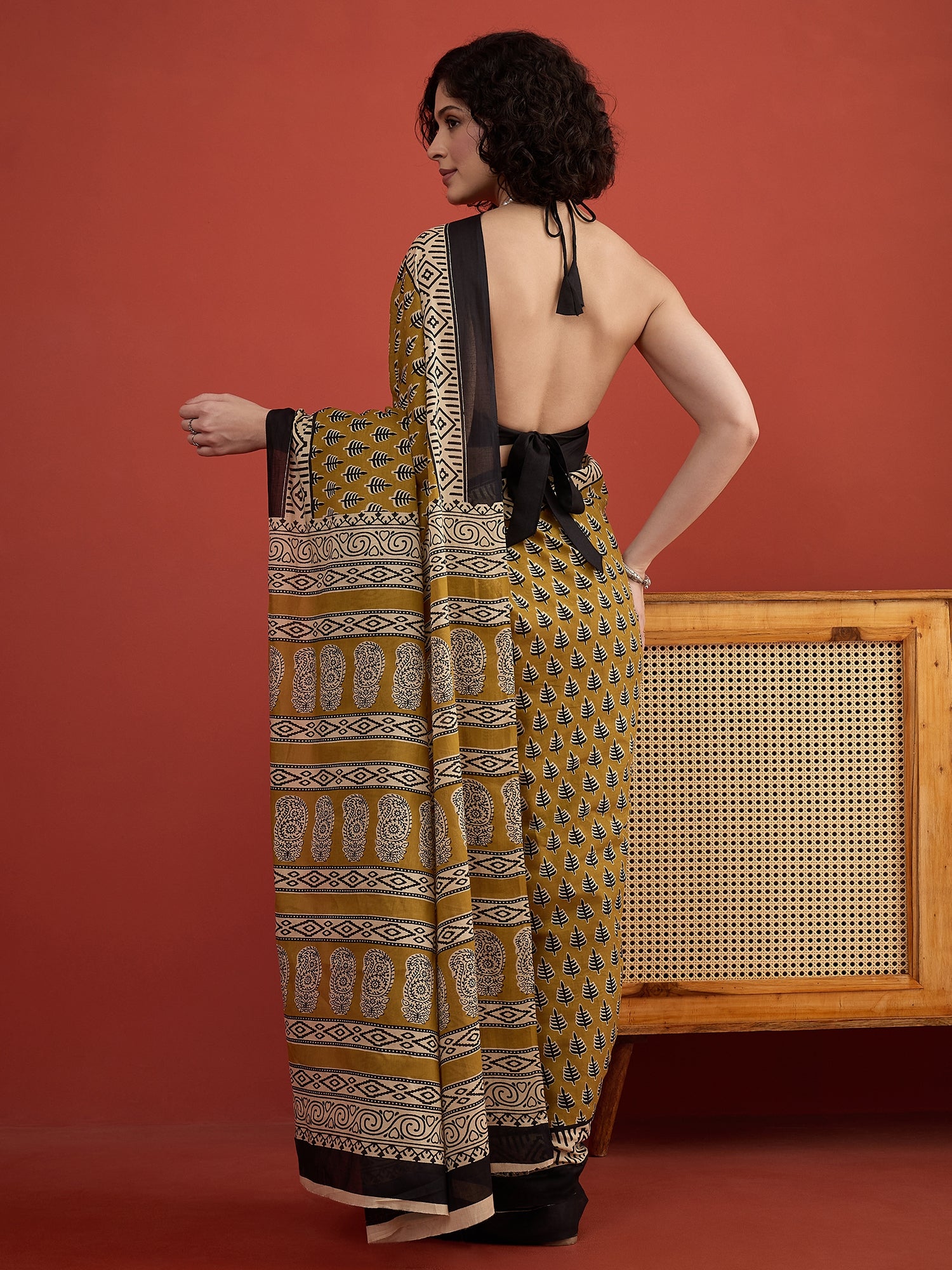 Dull Mustard Block Print Saree