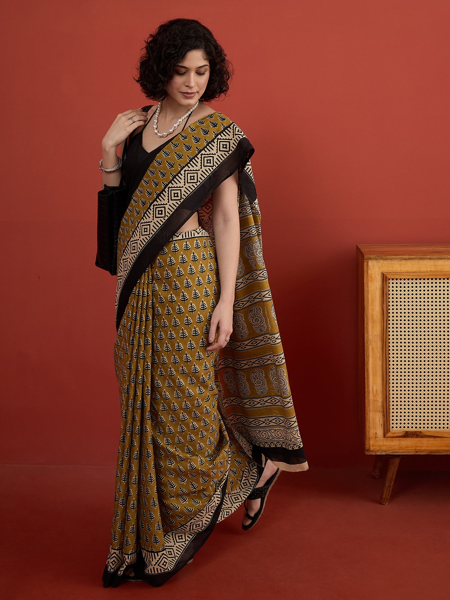 Dull Mustard Block Print Saree