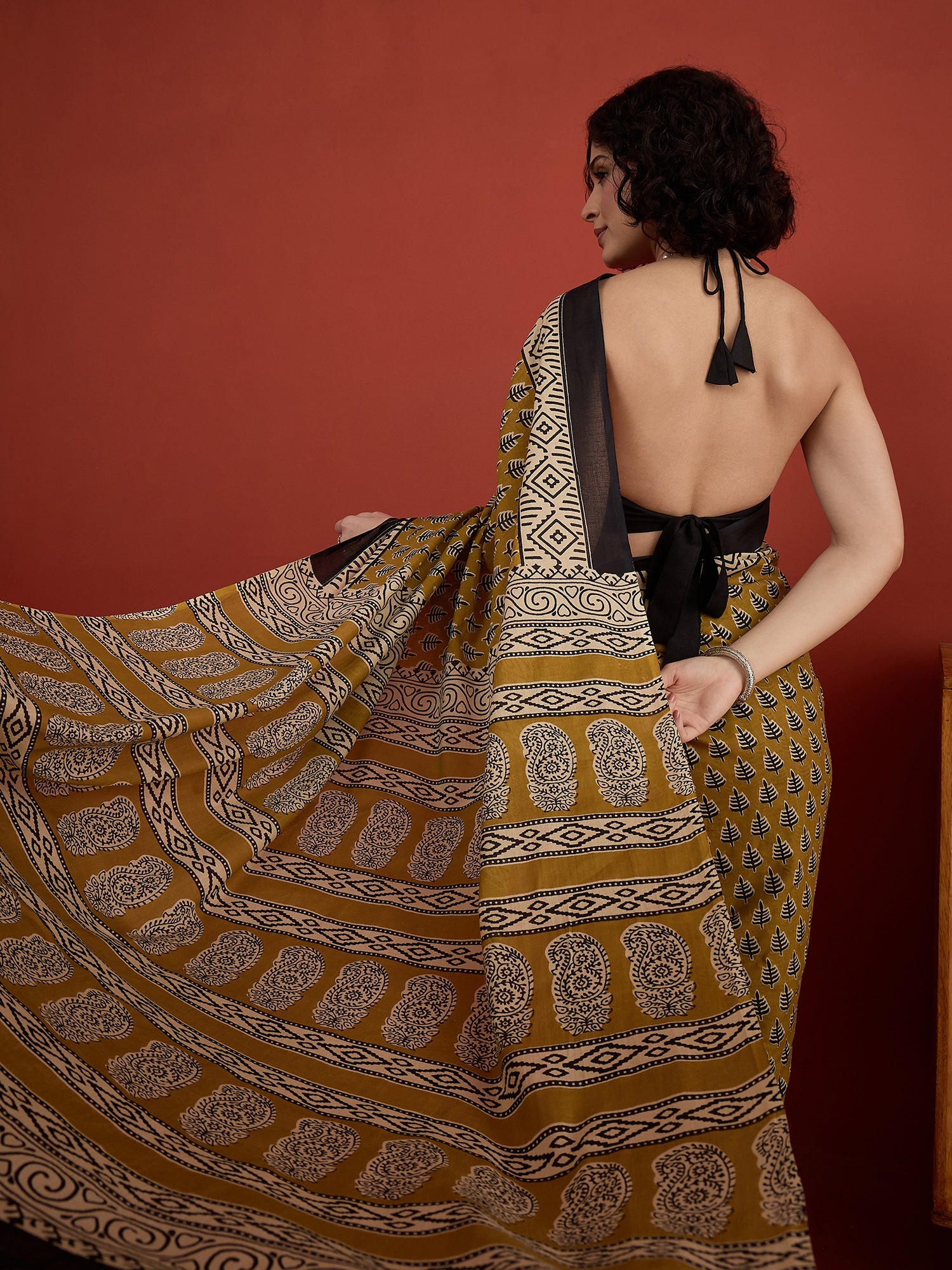Dull Mustard Block Print Saree
