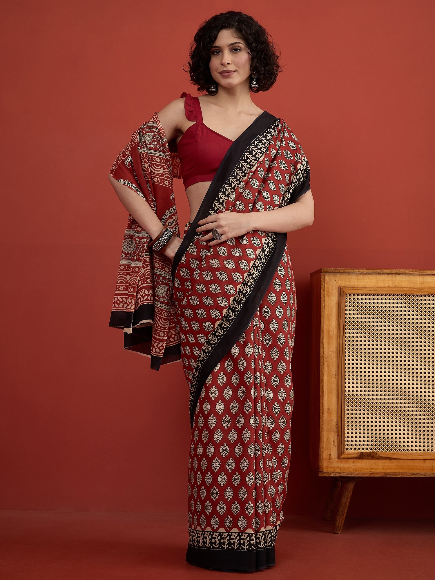 Red Saganeri Boota Print Saree