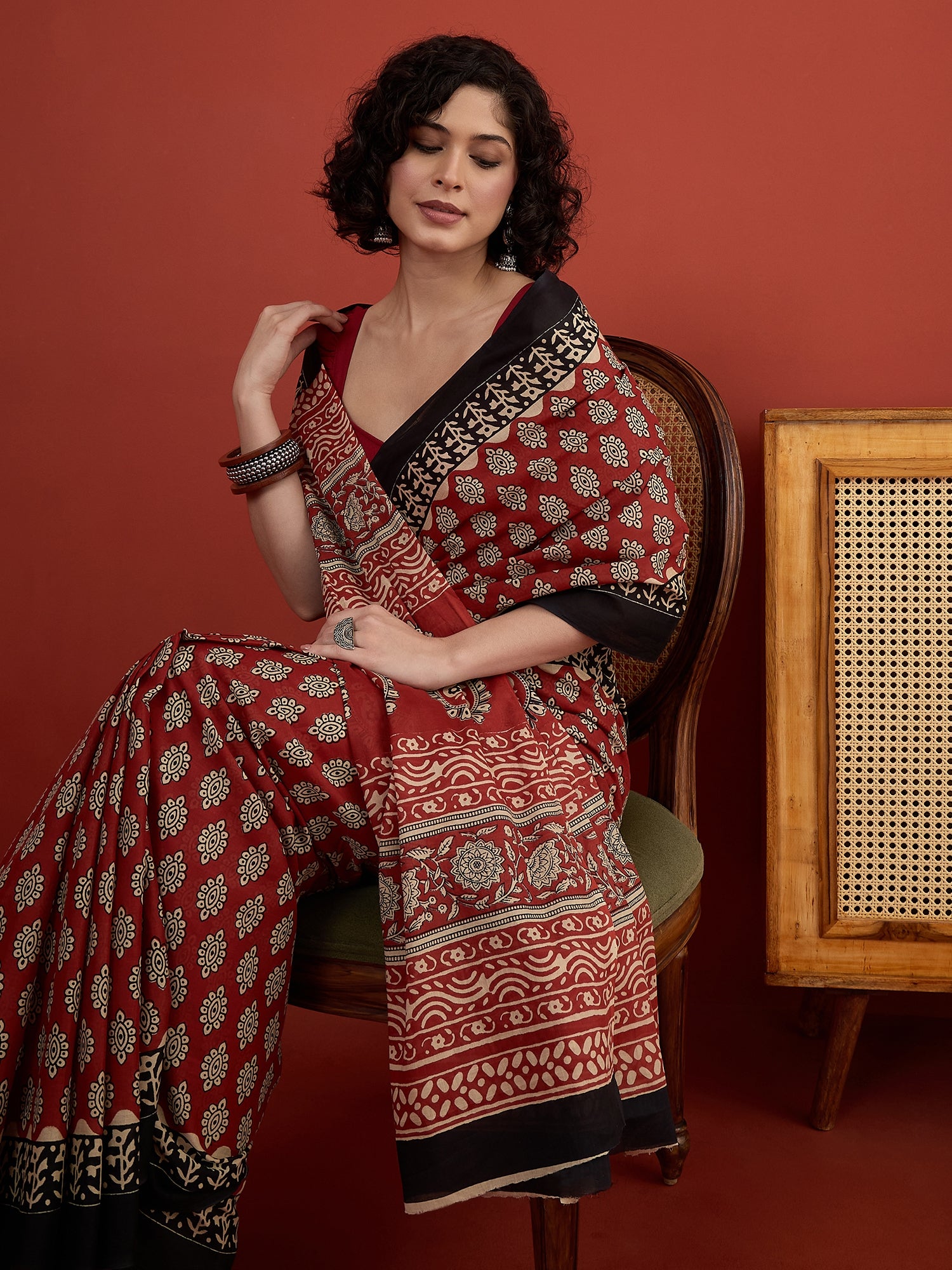 Red Saganeri Boota Print Saree