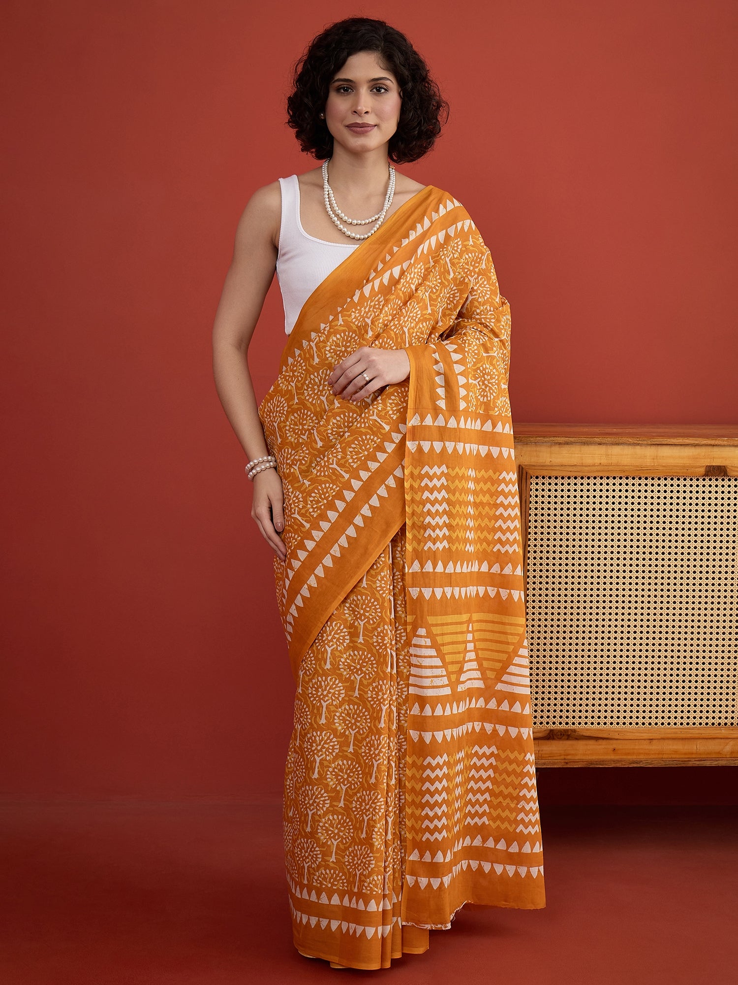 Mustard Tropical Orint Print Saree
