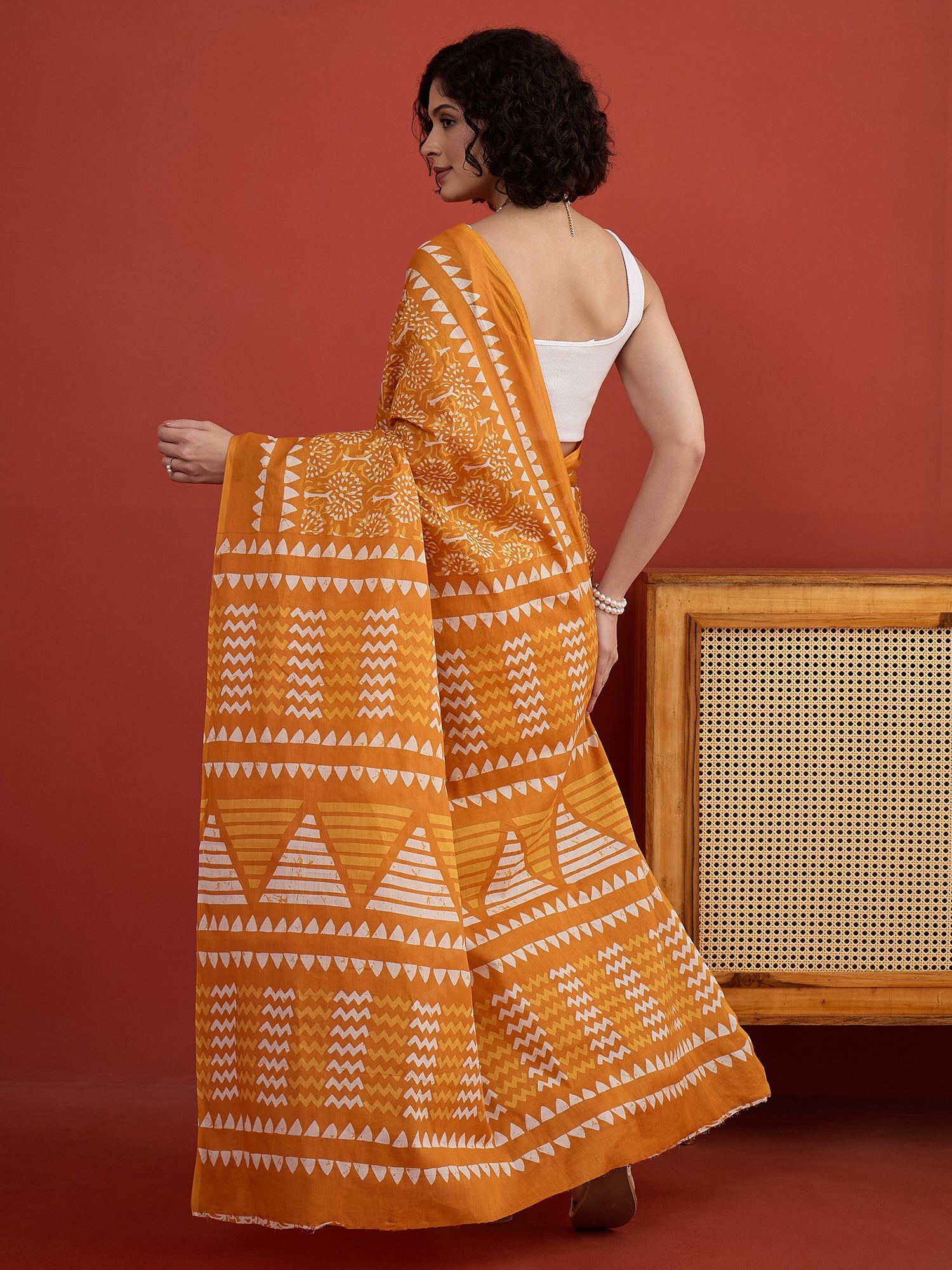Mustard Tropical Orint Print Saree