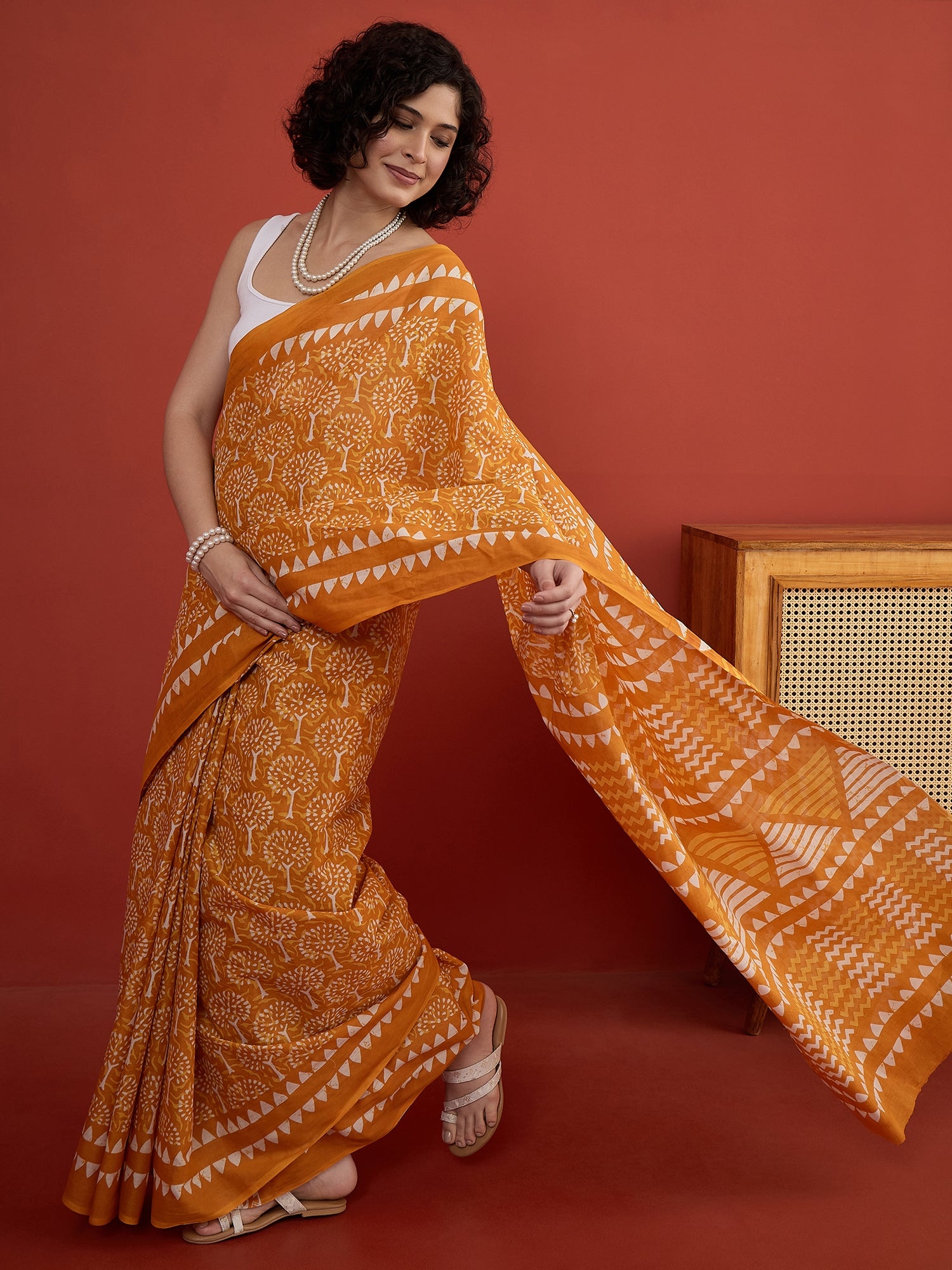Mustard Tropical Orint Print Saree