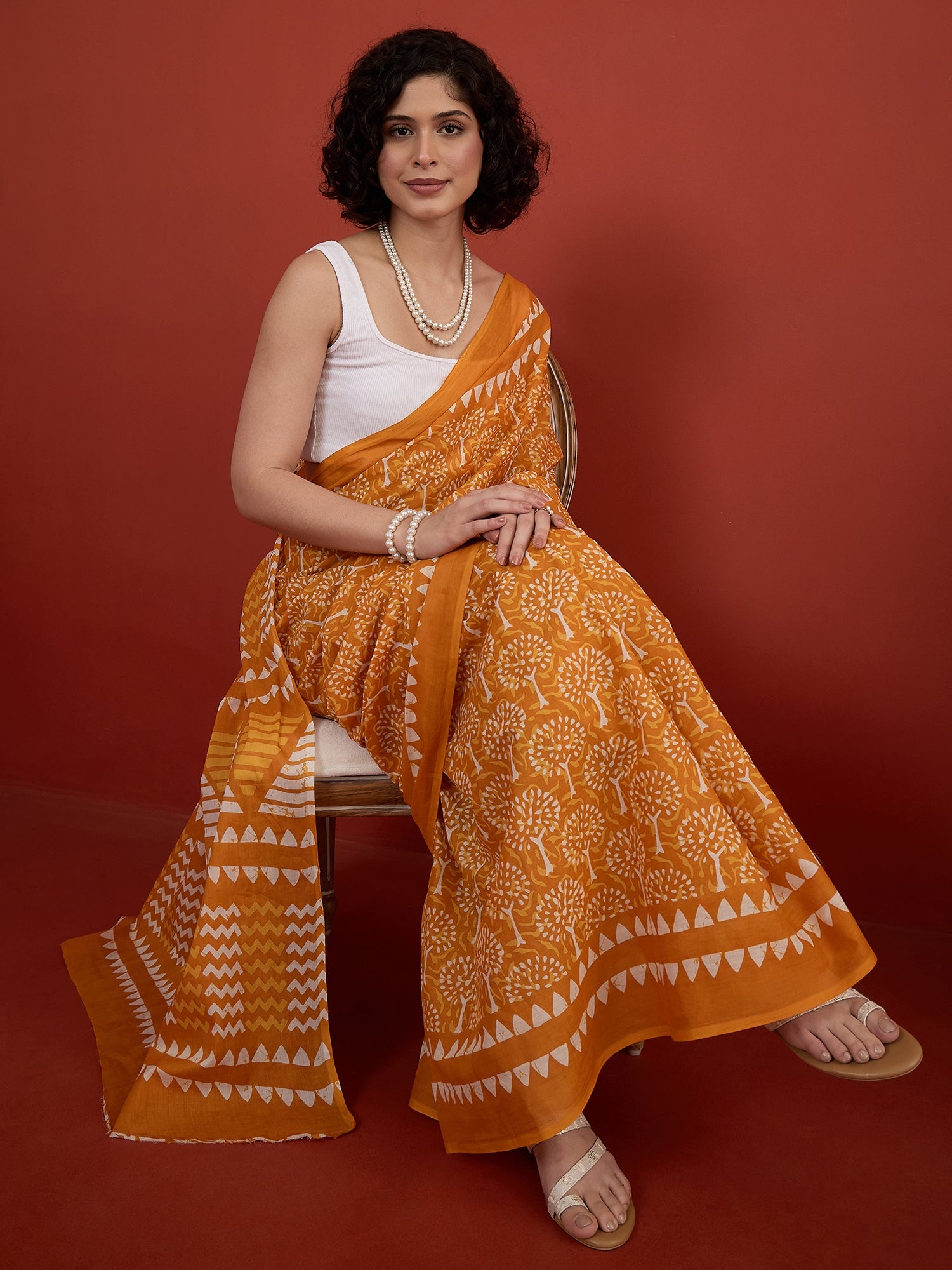 Mustard Tropical Orint Print Saree
