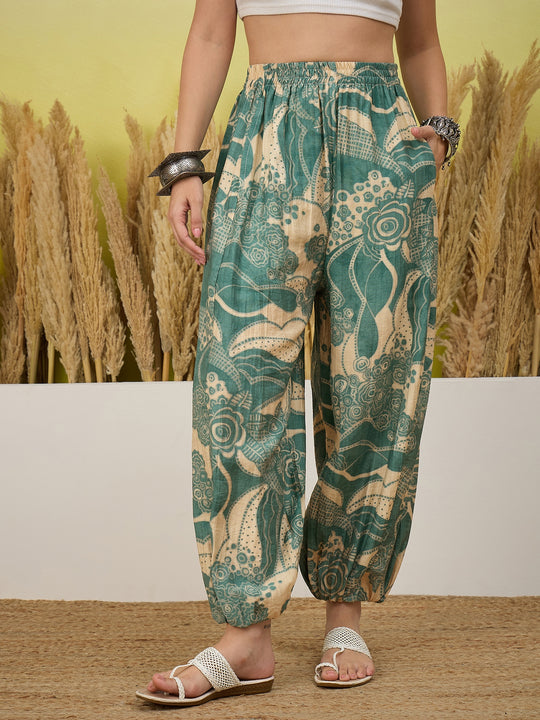 Stone Blue Tropical Print Balloon Pant