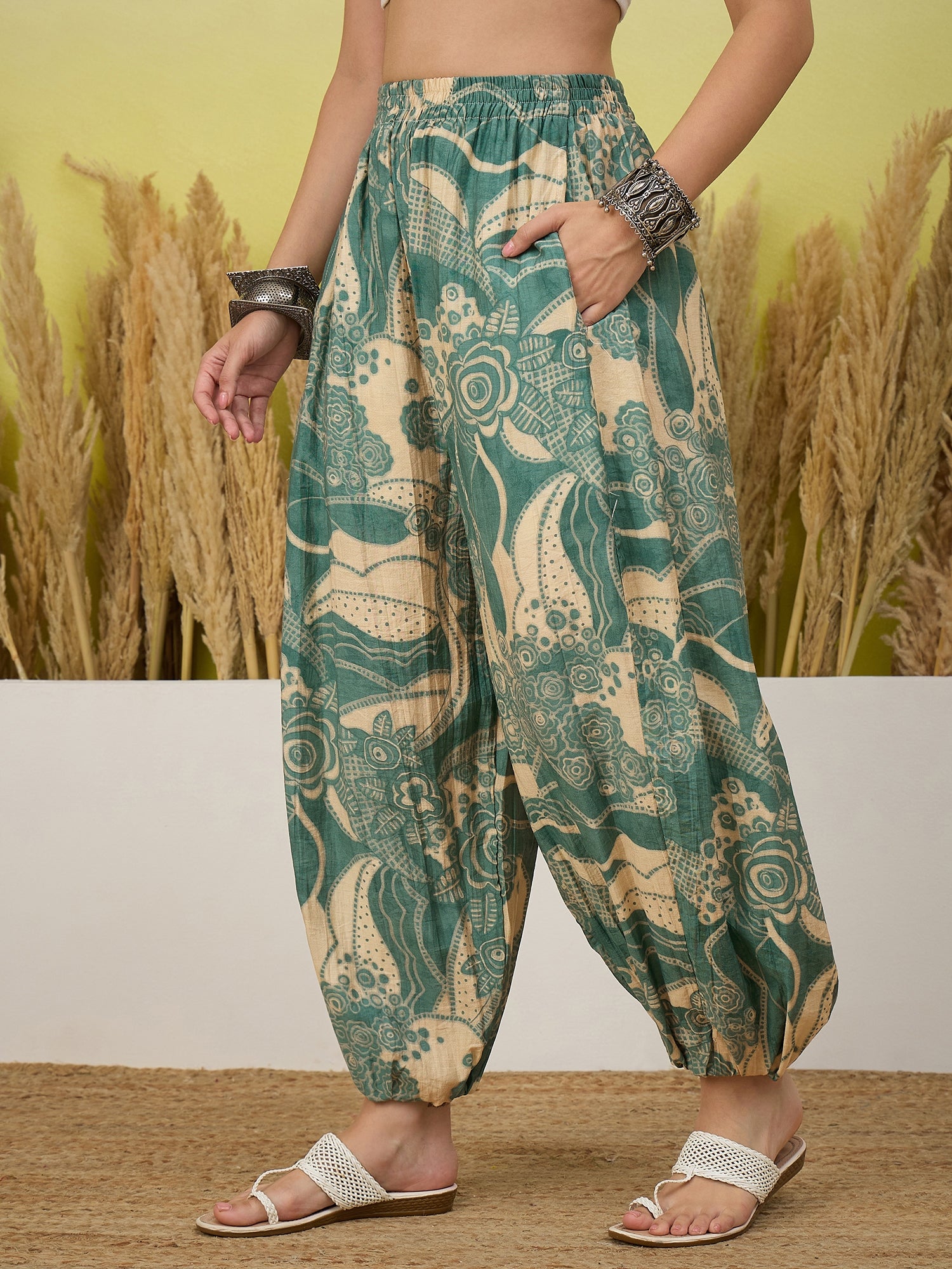 Stone Blue Tropical Print Balloon Pant