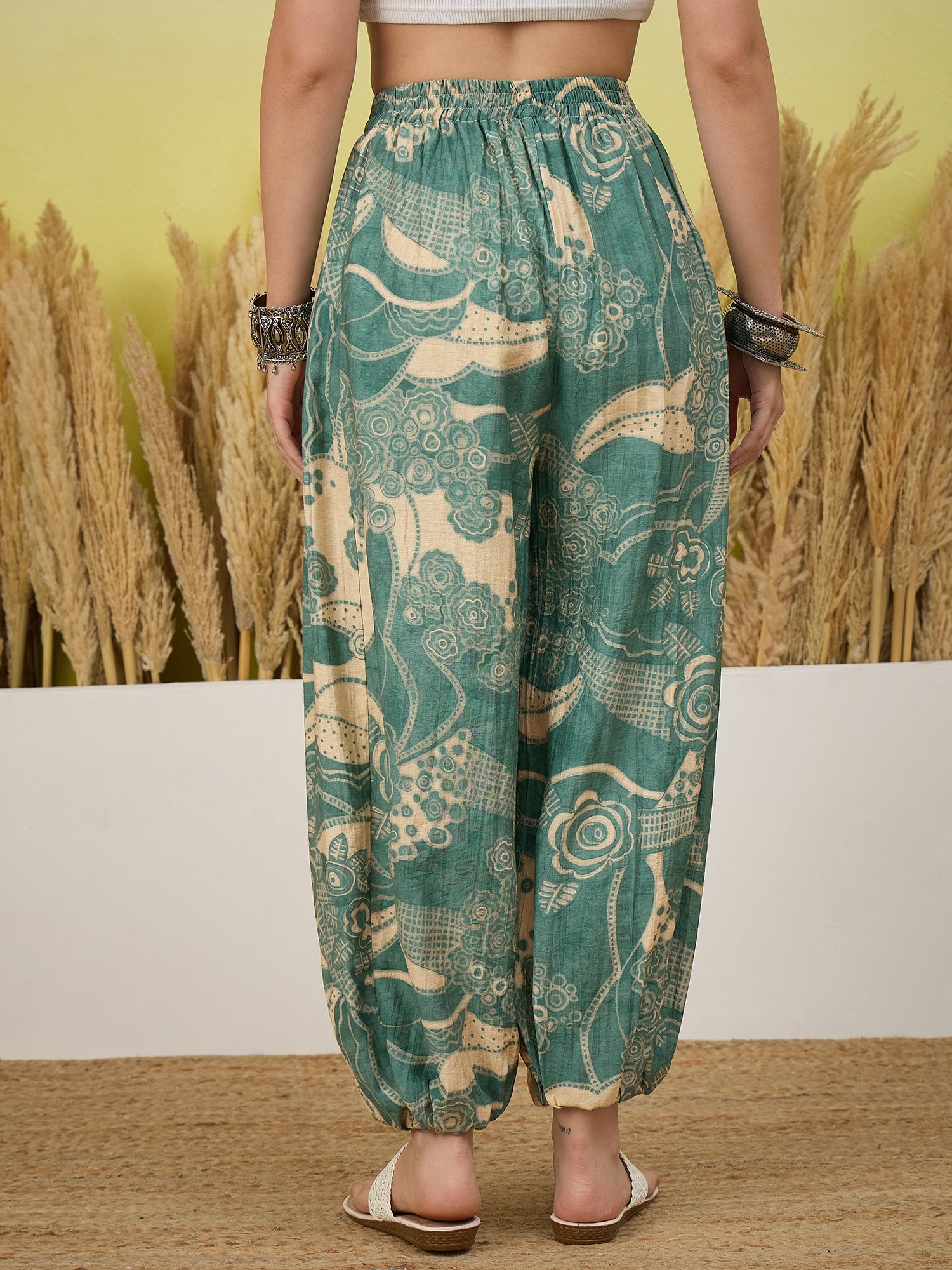 Stone Blue Tropical Print Balloon Pant