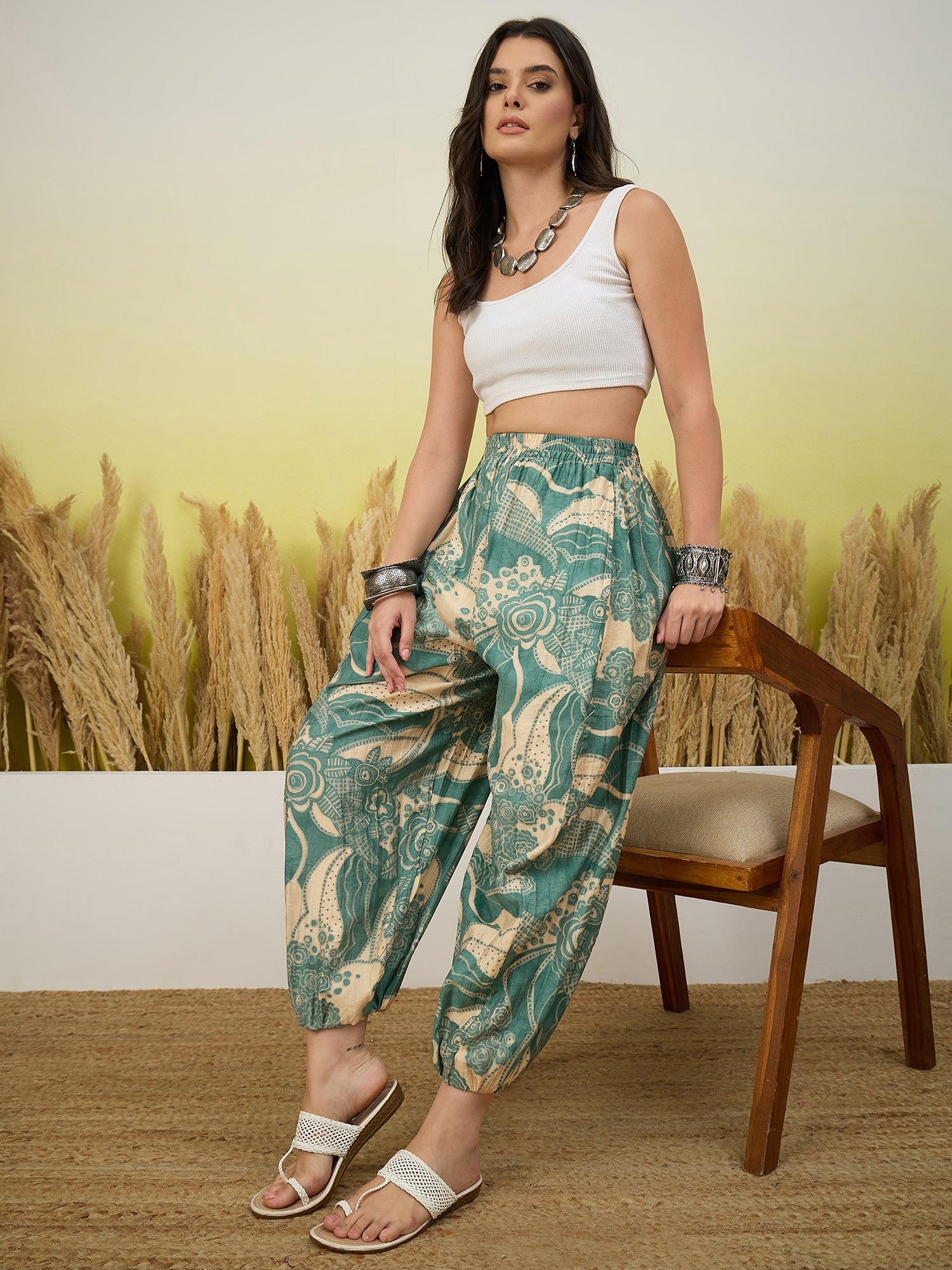 Stone Blue Tropical Print Balloon Pant