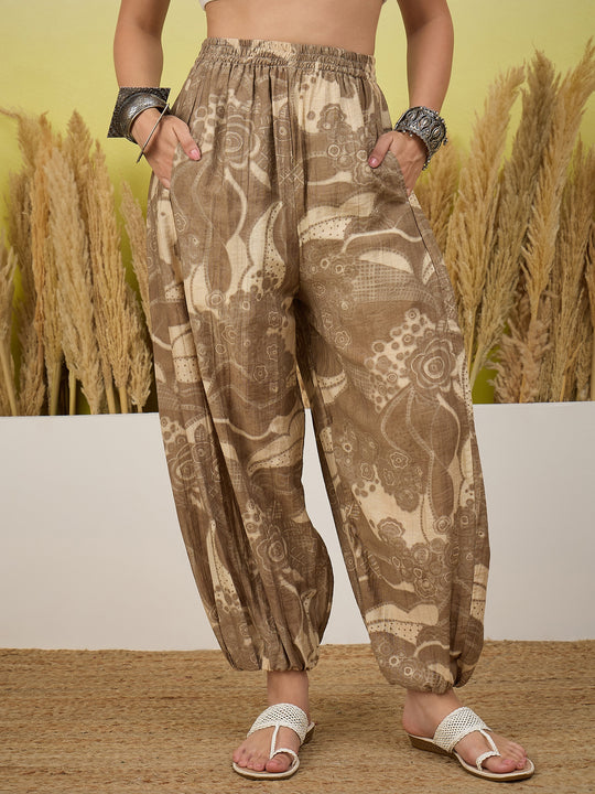 Khaki Tropical Print Balloon Pant