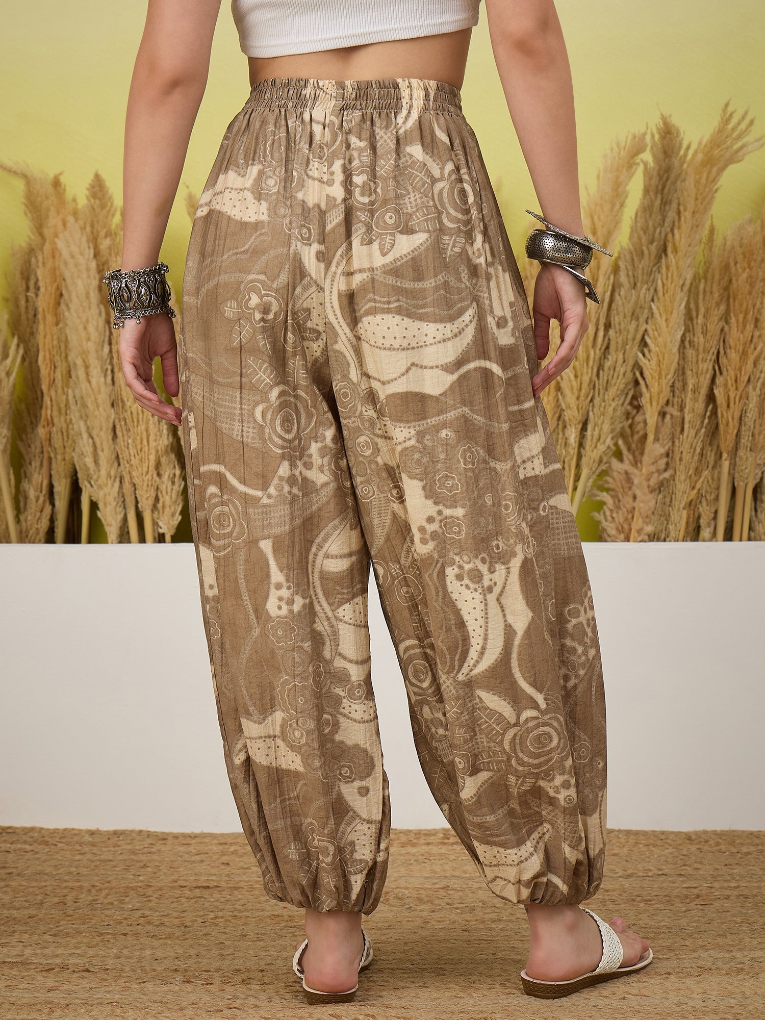 Khaki Tropical Print Balloon Pant