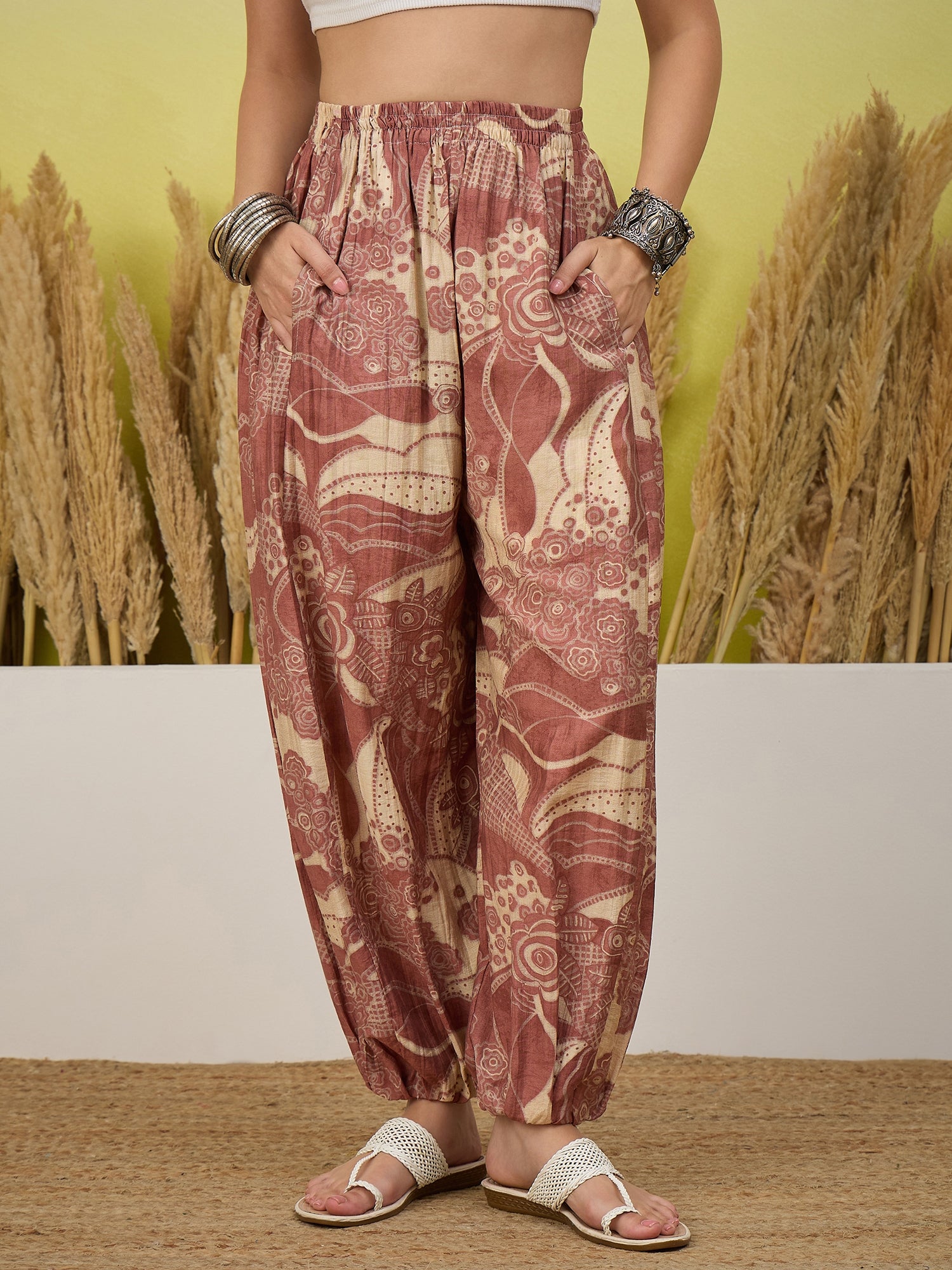 Dull Peach Tropical Print Balloon Pant