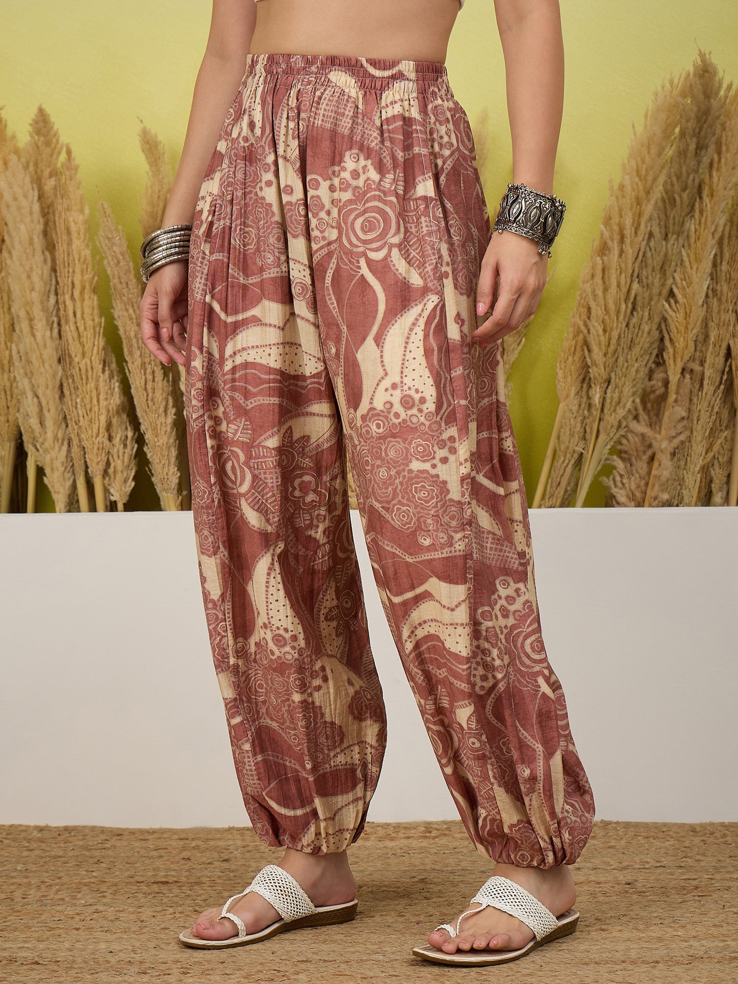 Dull Peach Tropical Print Balloon Pant