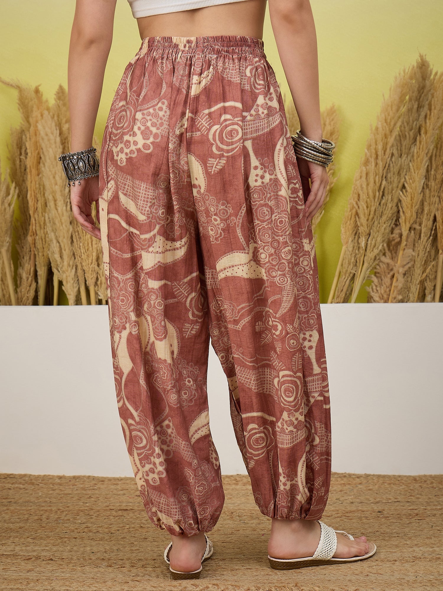 Dull Peach Tropical Print Balloon Pant