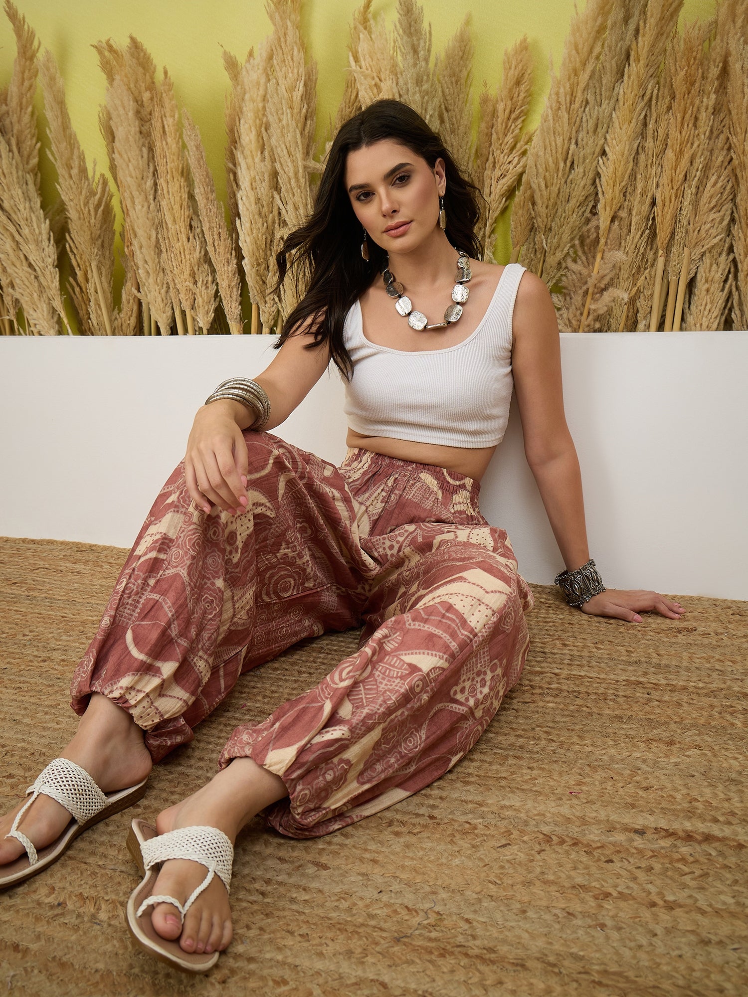 Dull Peach Tropical Print Balloon Pant