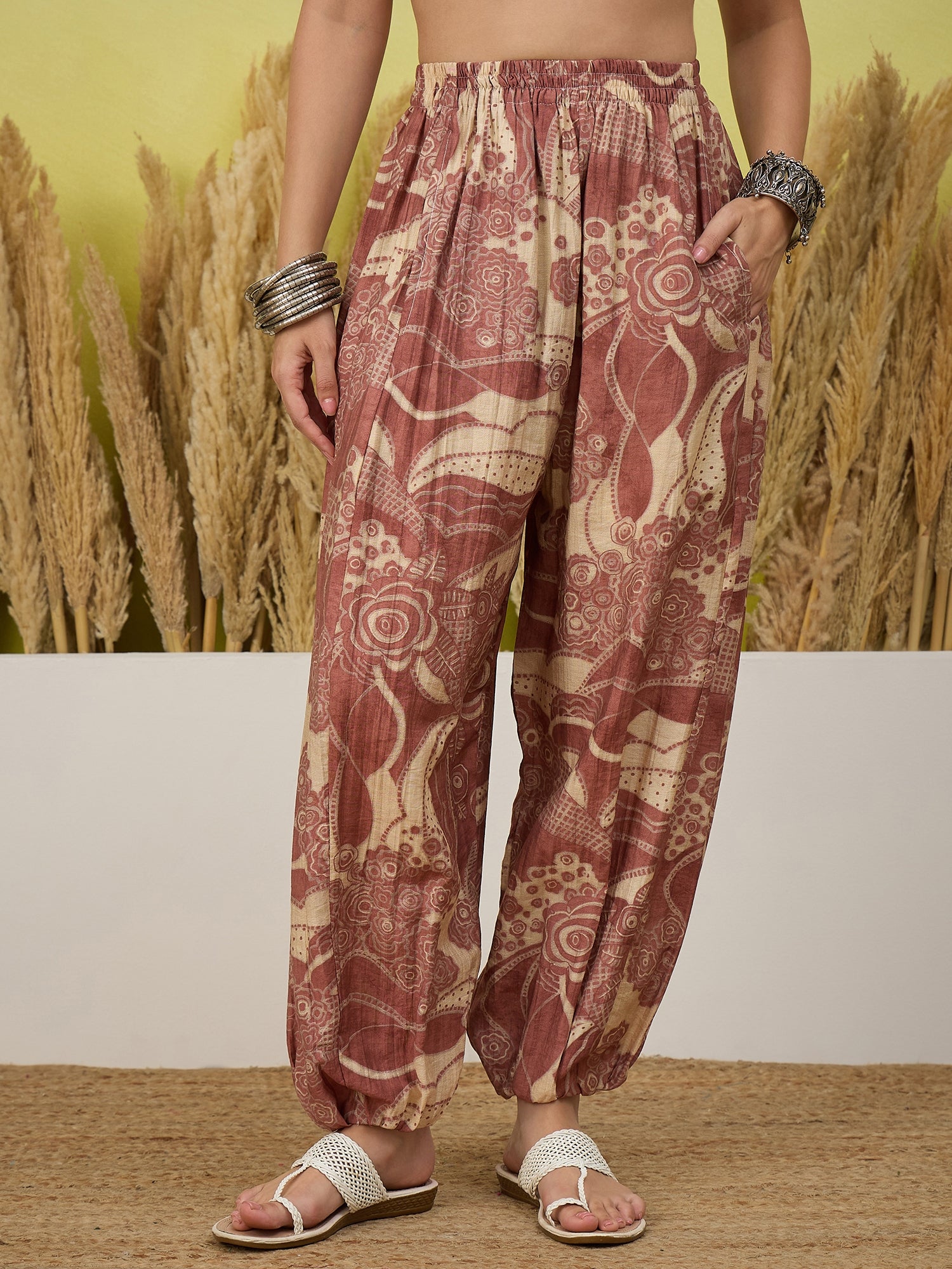 Dull Peach Tropical Print Balloon Pant