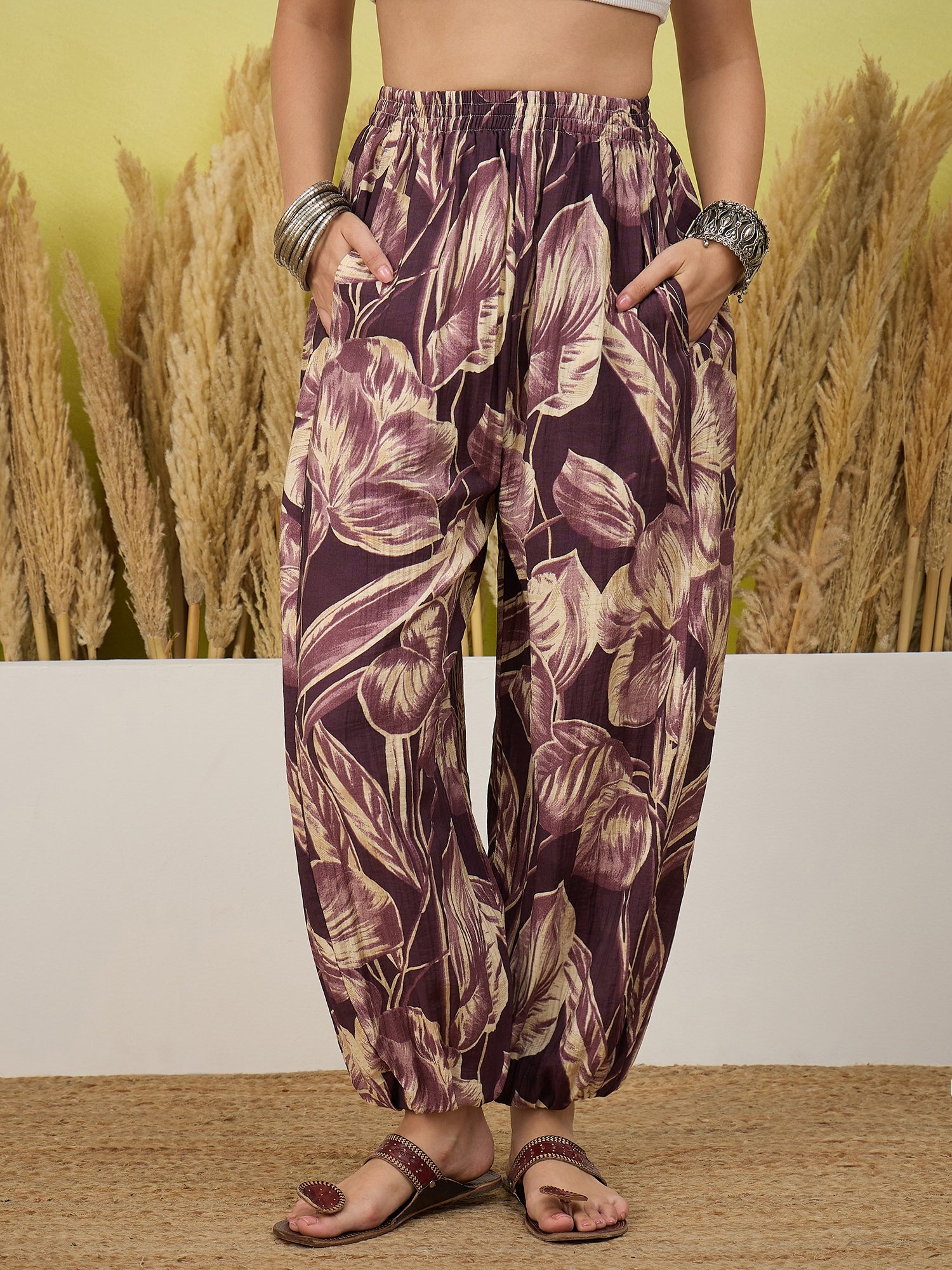 Dusty Mauve Big Leaf Print Balloon Pant