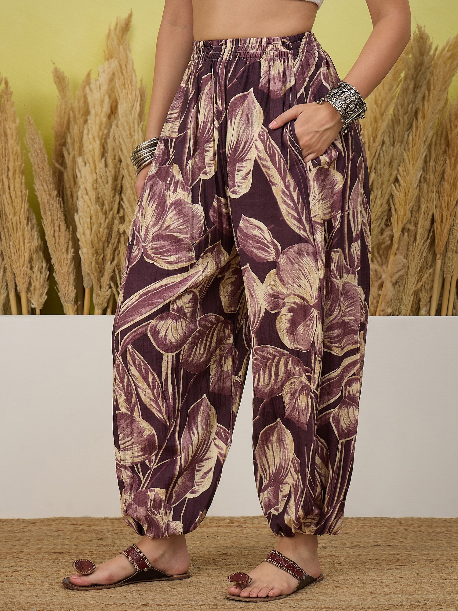 Dusty Mauve Big Leaf Print Balloon Pant