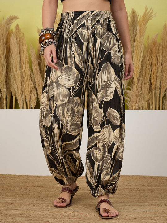 Black Big Leaf Print Balloon Pant