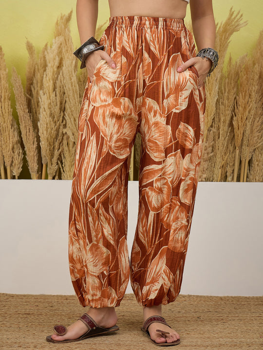Brown Big Leaf Print Balloon Pant