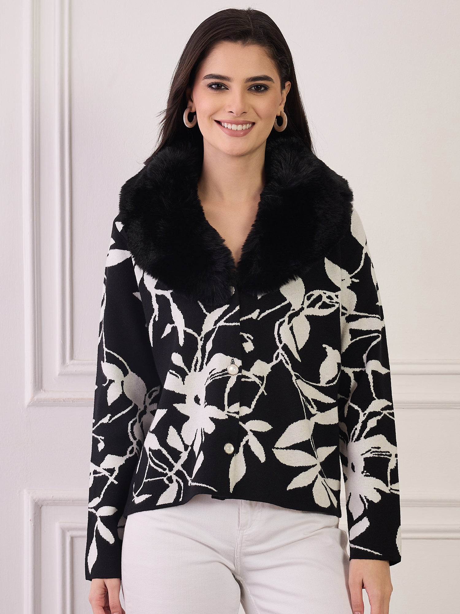Black Leaf Printed Fur Jacket