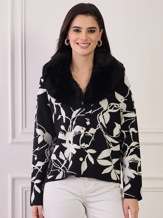 Black Leaf Printed Fur Jacket