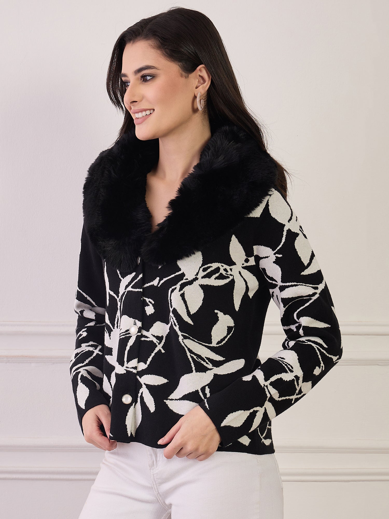 Black Leaf Printed Fur Jacket