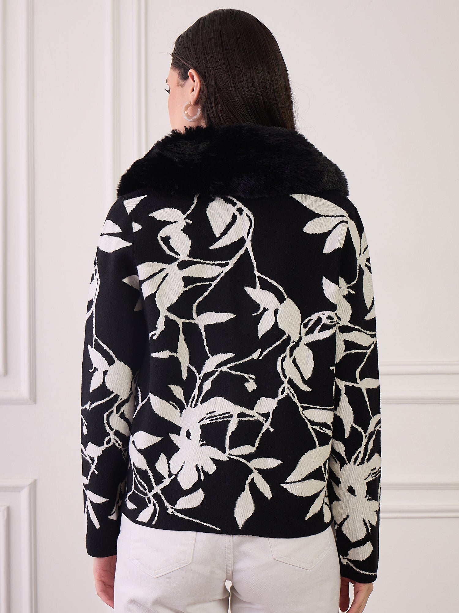 Black Leaf Printed Fur Jacket