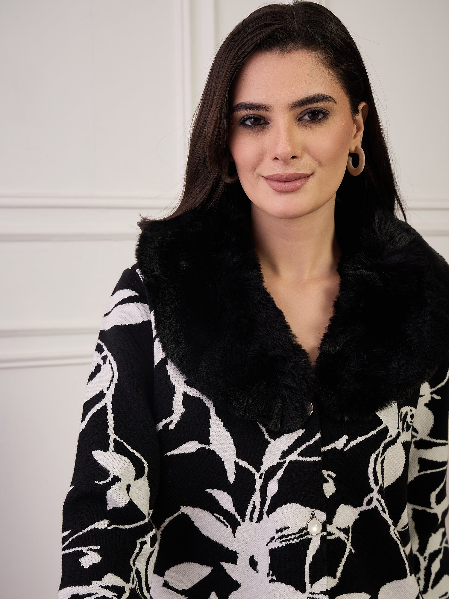 Black Leaf Printed Fur Jacket