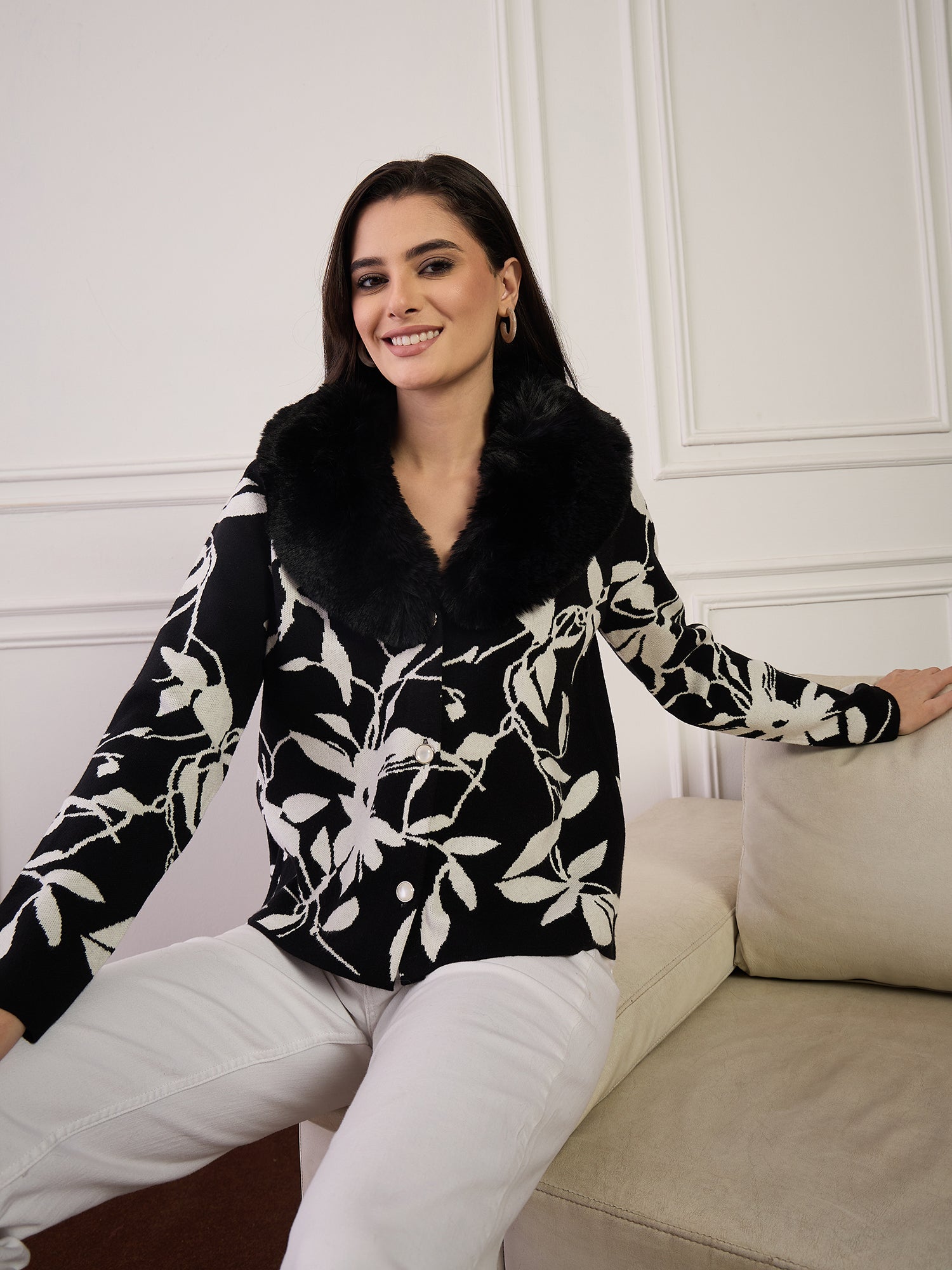 Black Leaf Printed Fur Jacket