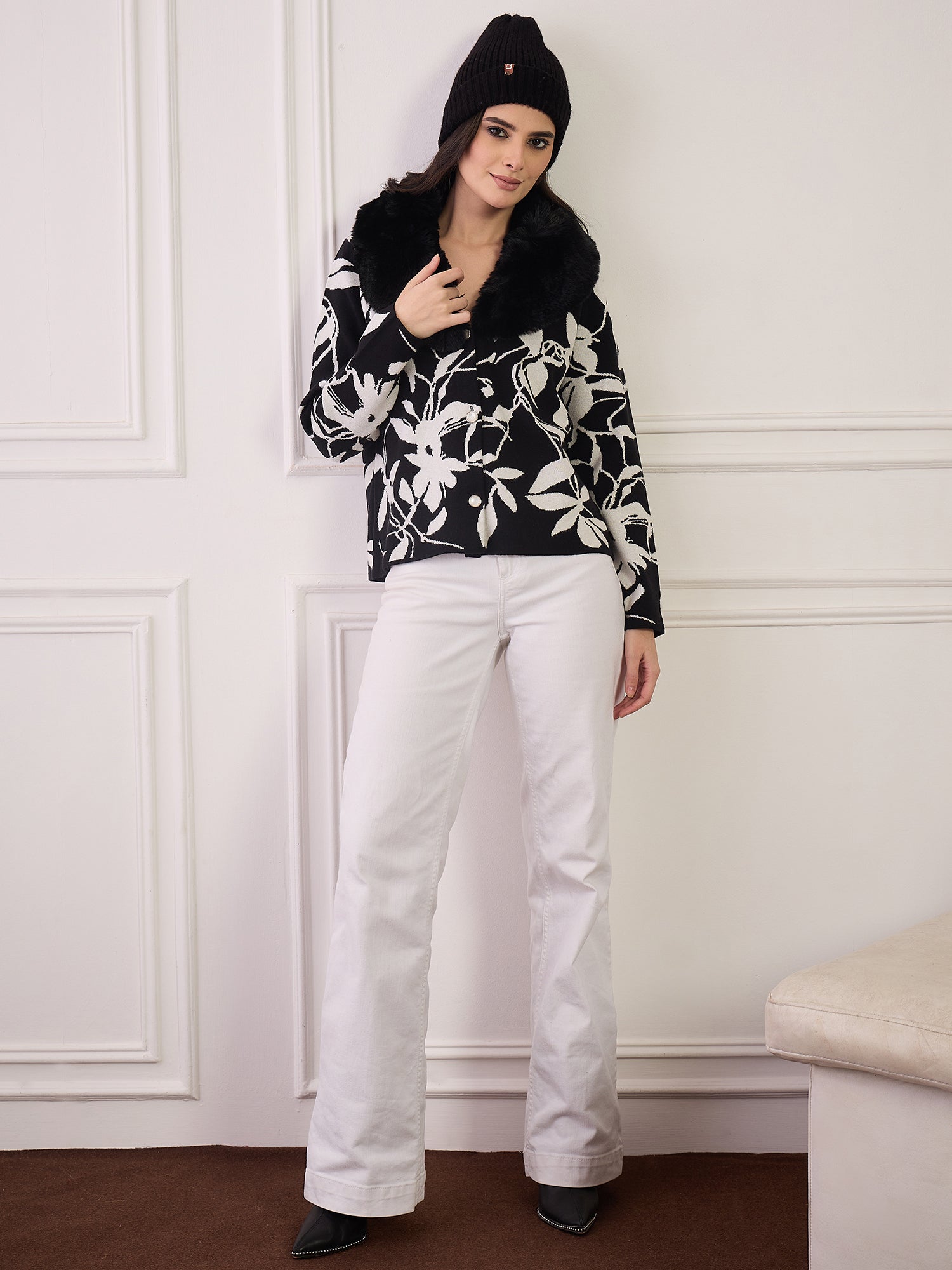 Black Leaf Printed Fur Jacket