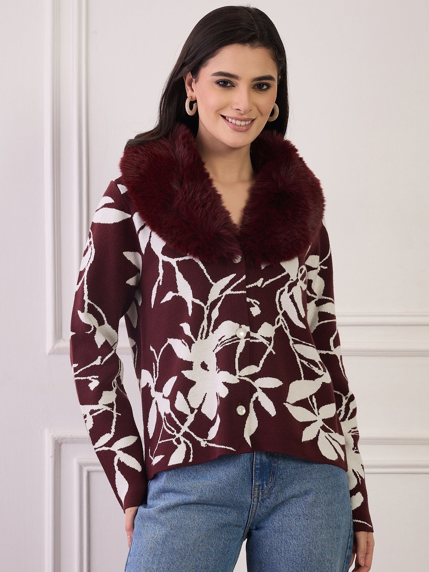 Burgundy Leaf Printed Fur Jacket