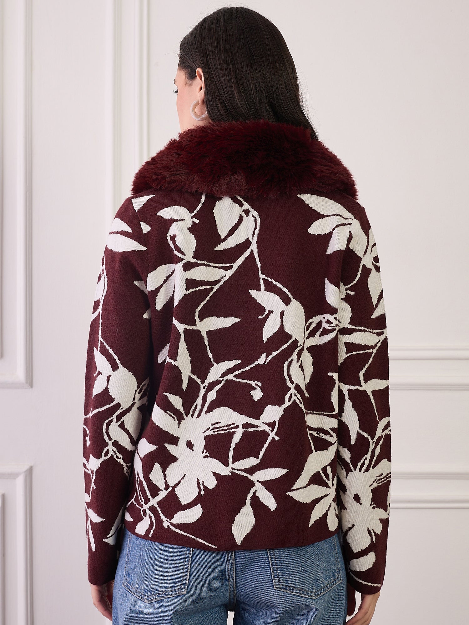 Burgundy Leaf Printed Fur Jacket