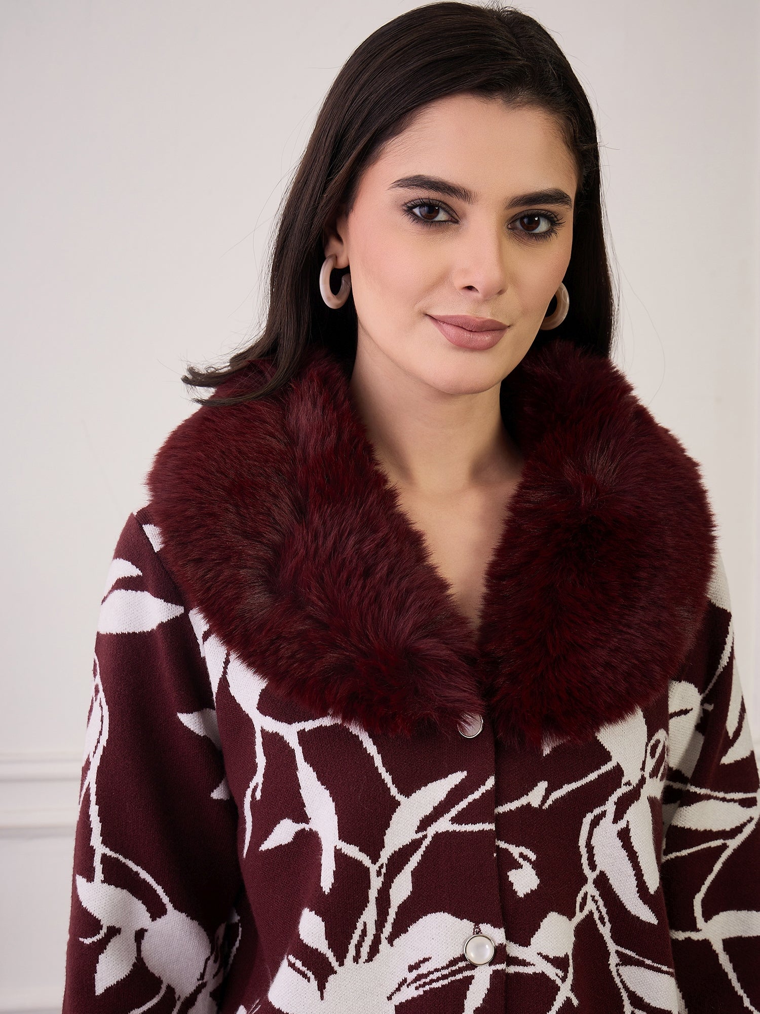 Burgundy Leaf Printed Fur Jacket
