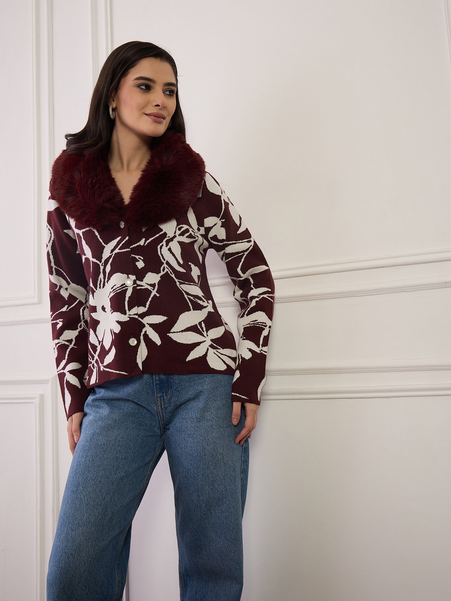 Burgundy Leaf Printed Fur Jacket