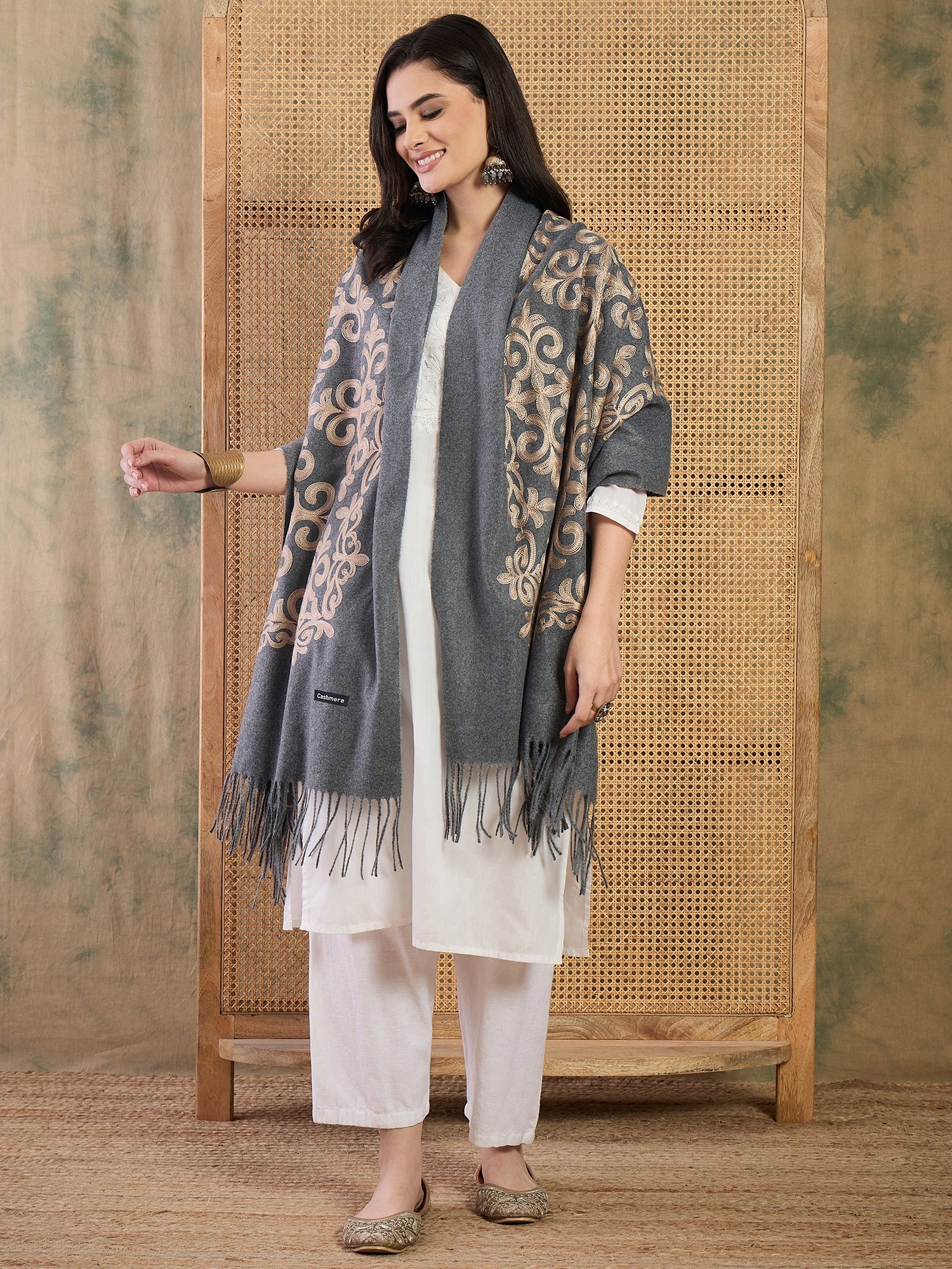 Stone Blue Aari Work Shawl