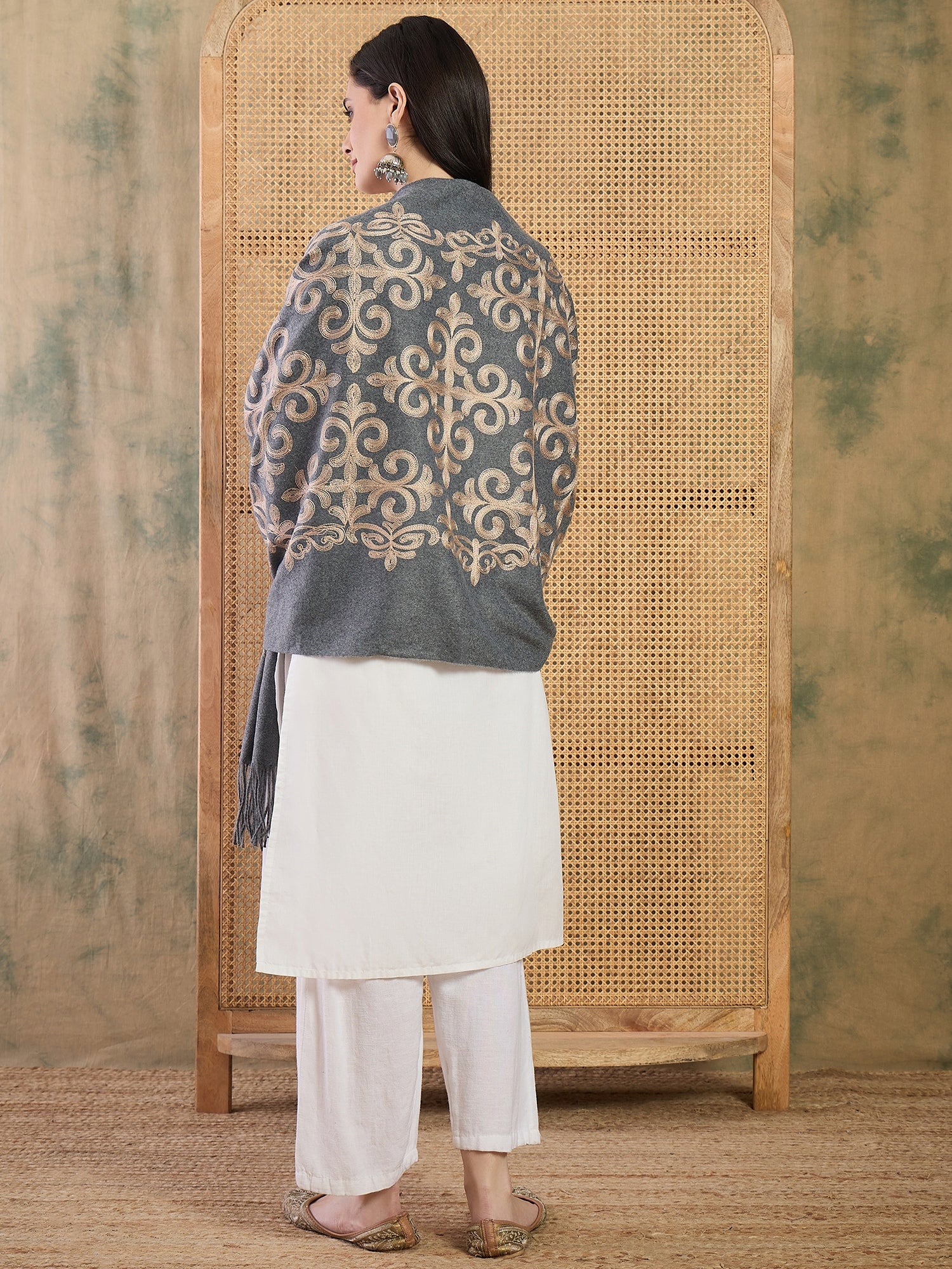 Stone Blue Aari Work Shawl