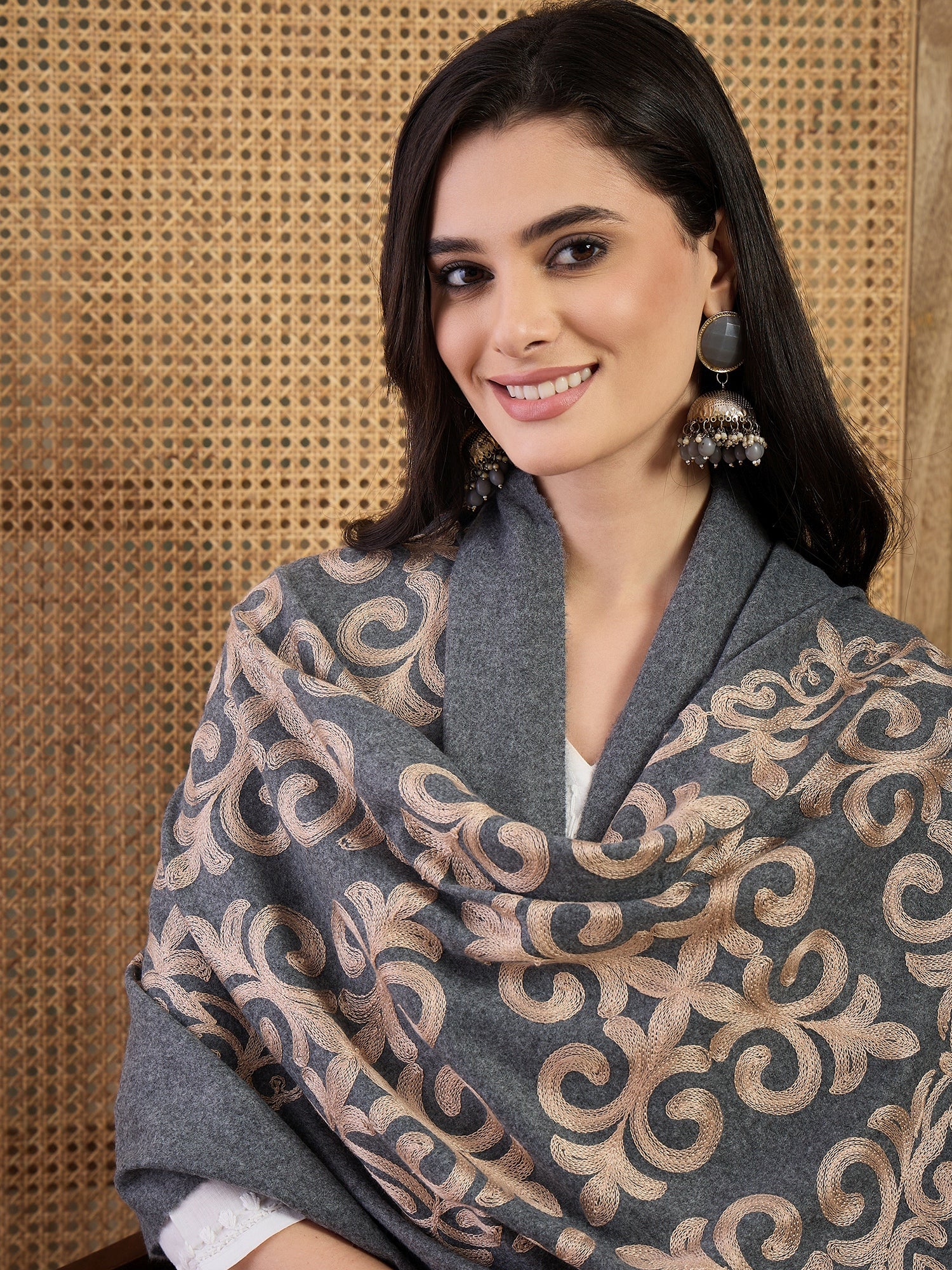 Stone Blue Aari Work Shawl