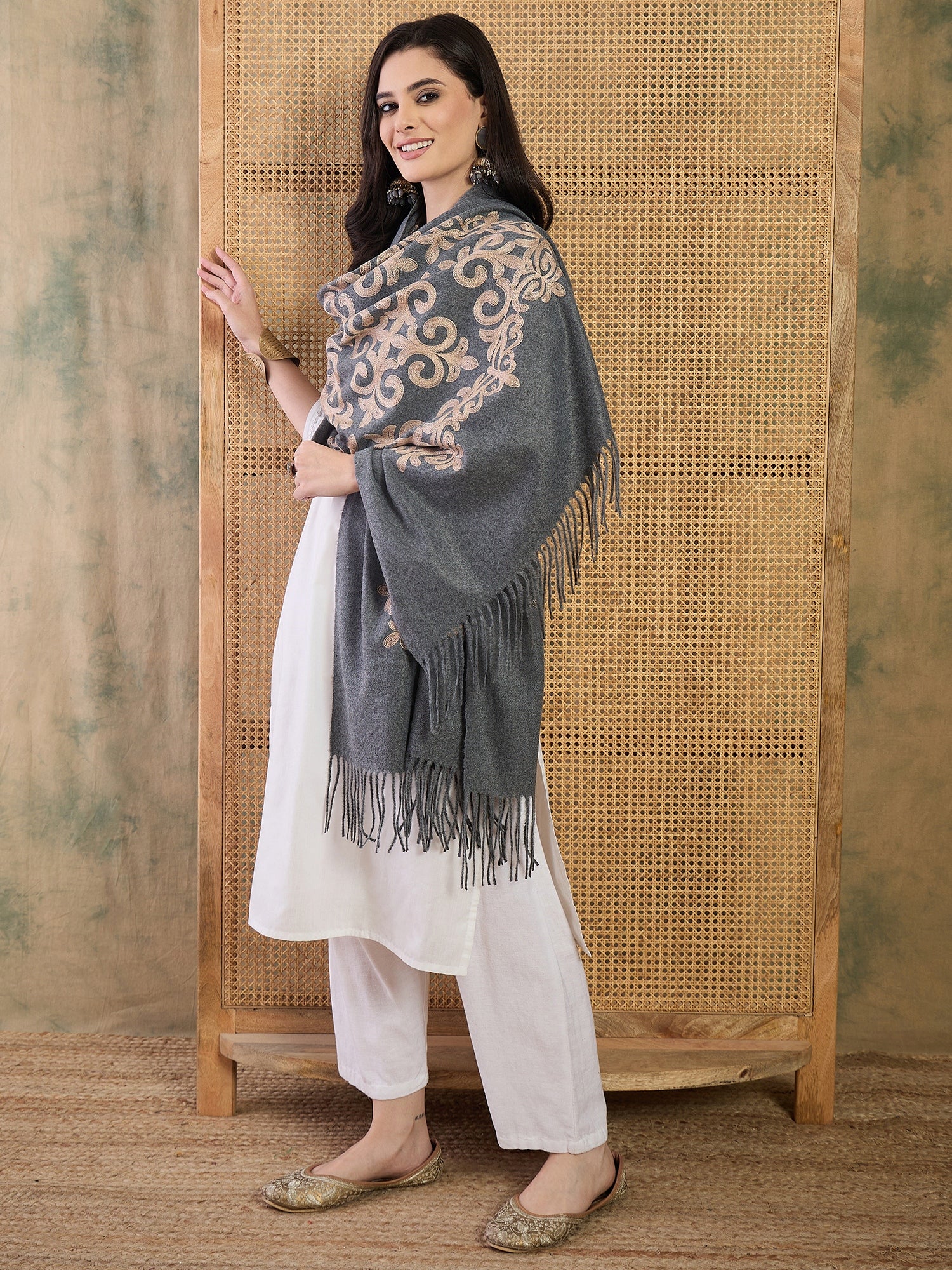 Stone Blue Aari Work Shawl