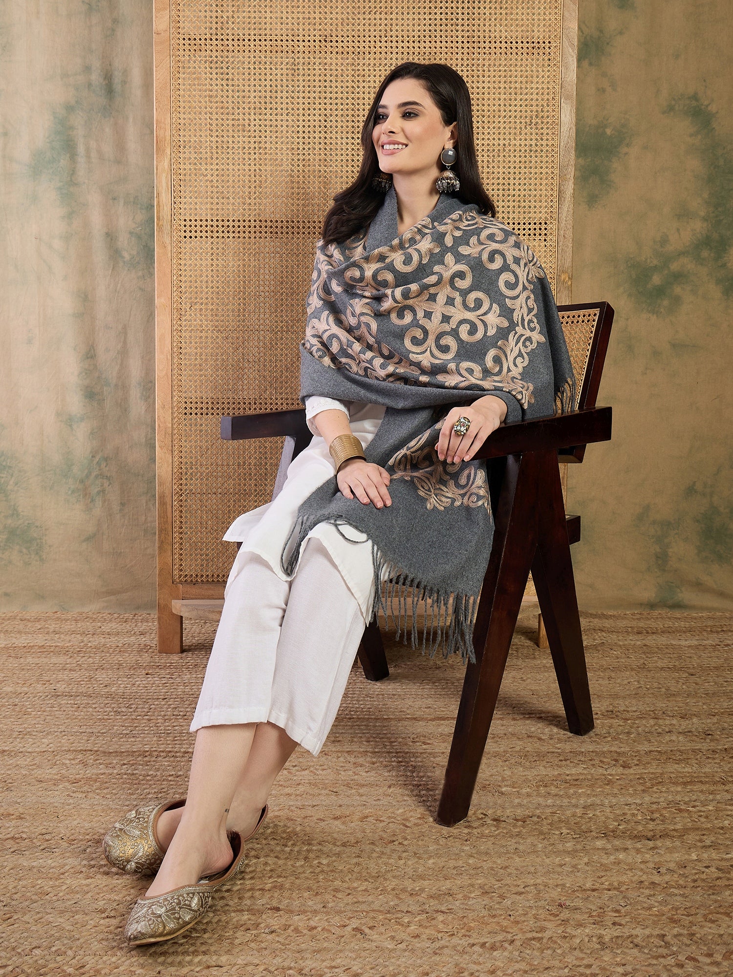 Stone Blue Aari Work Shawl