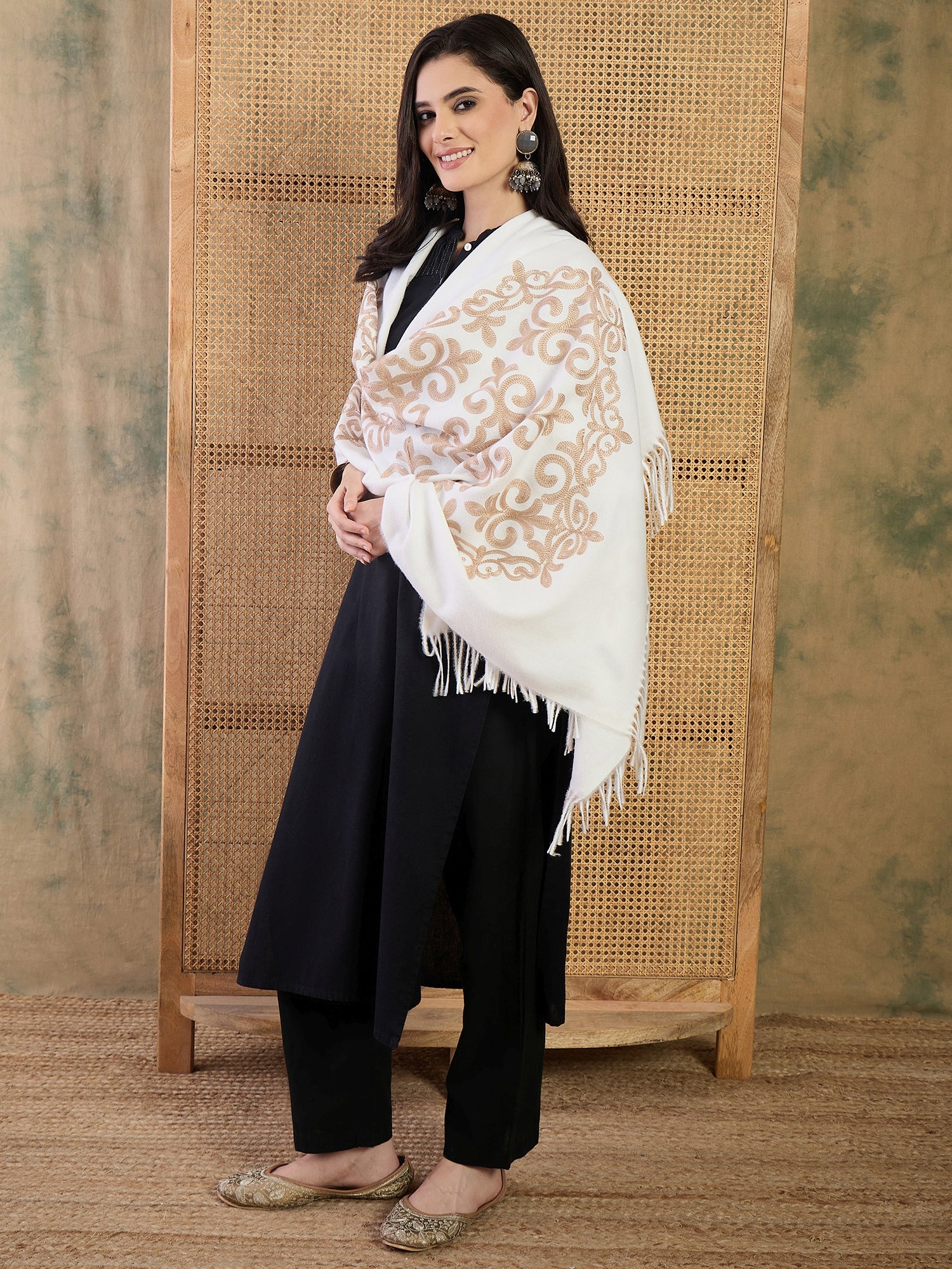 White Aari Work Shawl