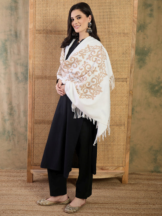 White Aari Work Shawl