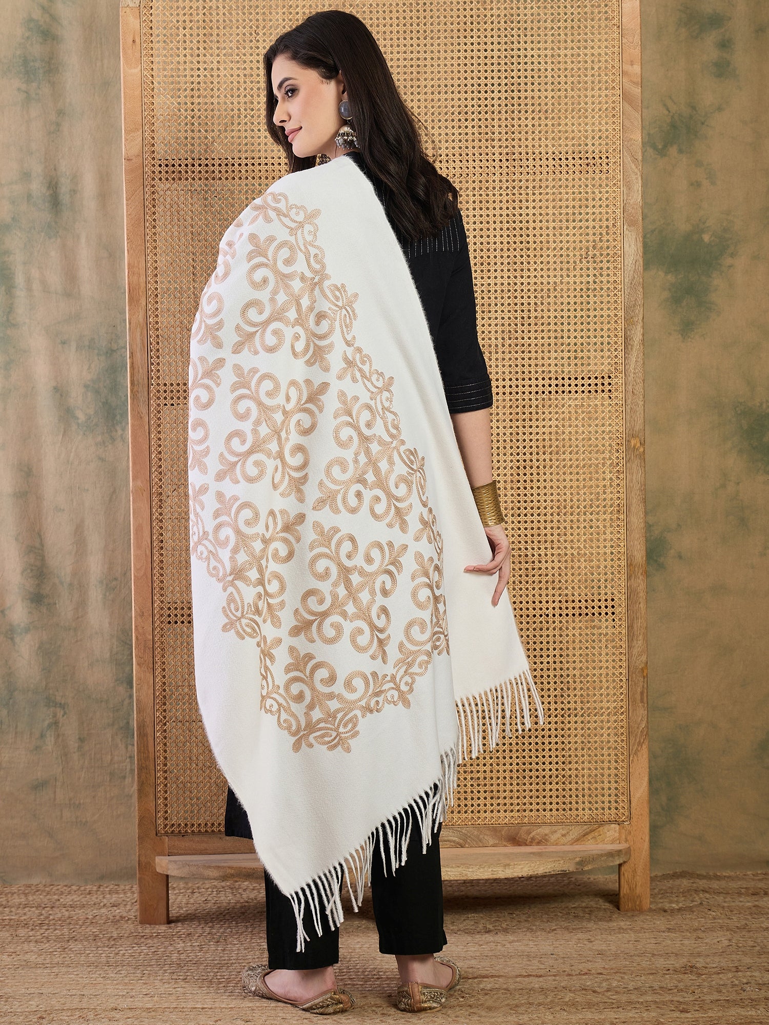 White Aari Work Shawl